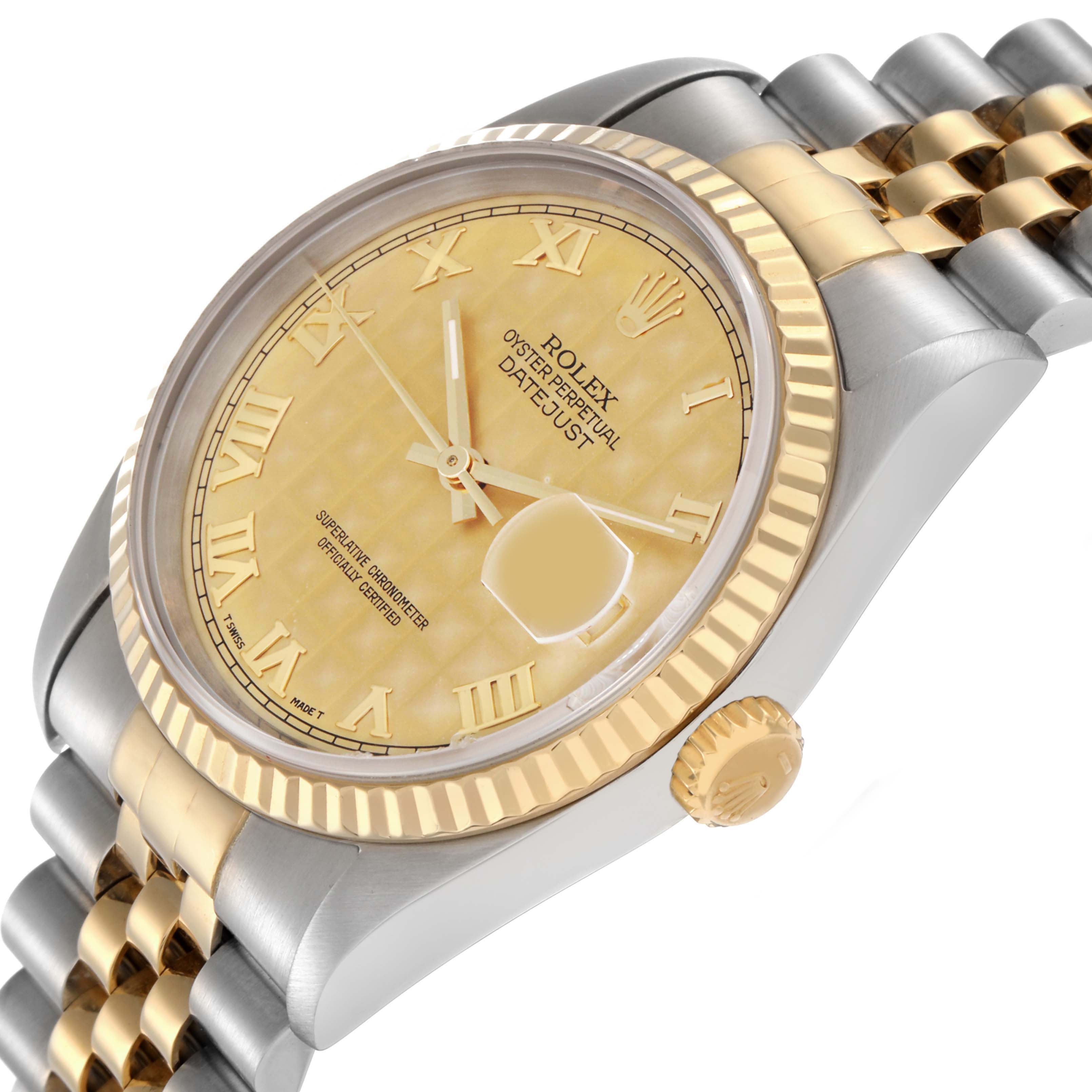 The Rolex Datejust 71081 Men
s Steel and Gold (two tone) Champagne Dial 71081 Men
s Steel and Gold (two tone) Champagne Dial watch is shown from a side angle, highlighting the bezel, crown, and bracelet.