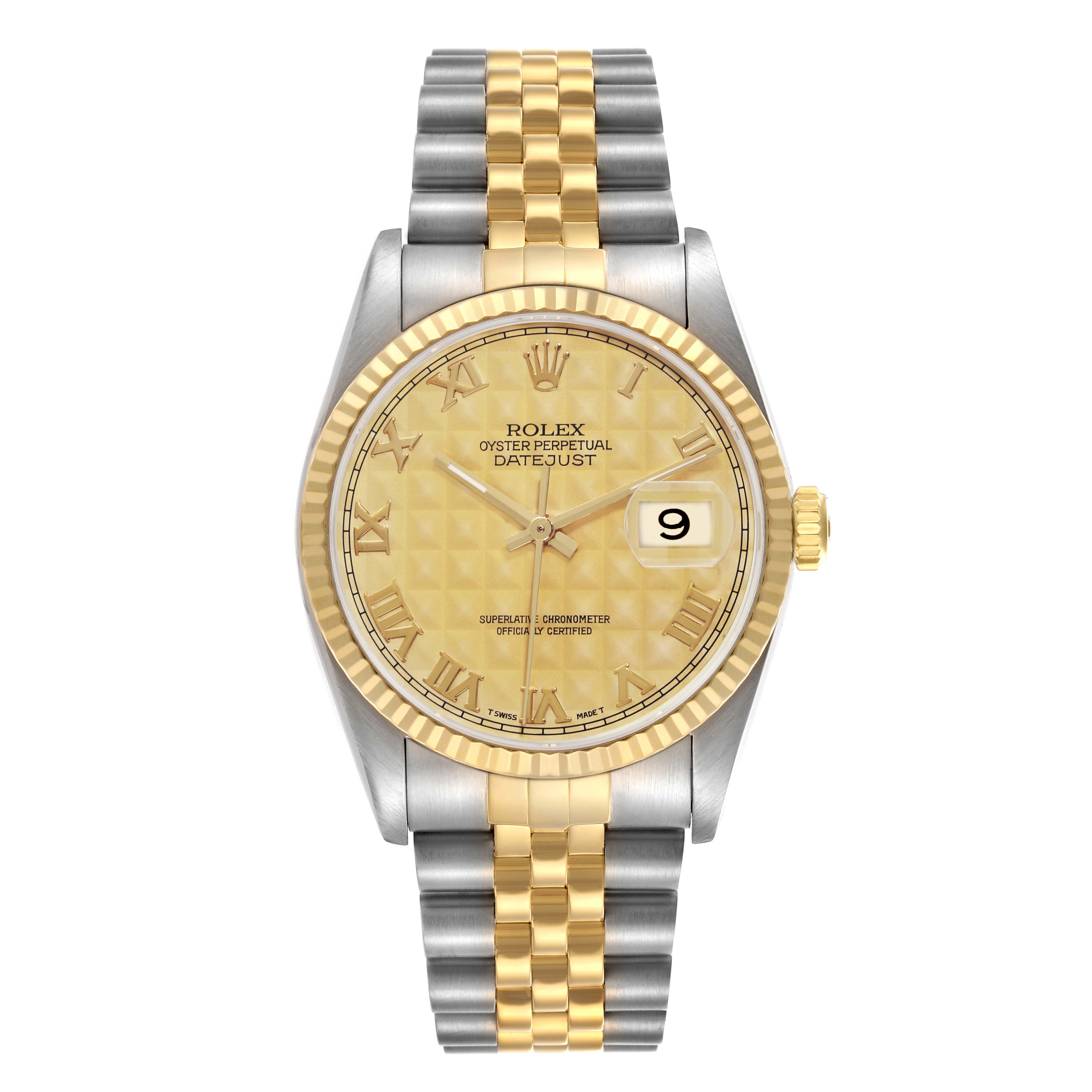 The Rolex Datejust 71081 Men
s Steel and Gold (two tone) Champagne Dial 71081 Men
s Steel and Gold (two tone) Champagne Dial is shown from the front, highlighting the face, bezel, crown, and Jubilee bracelet.
