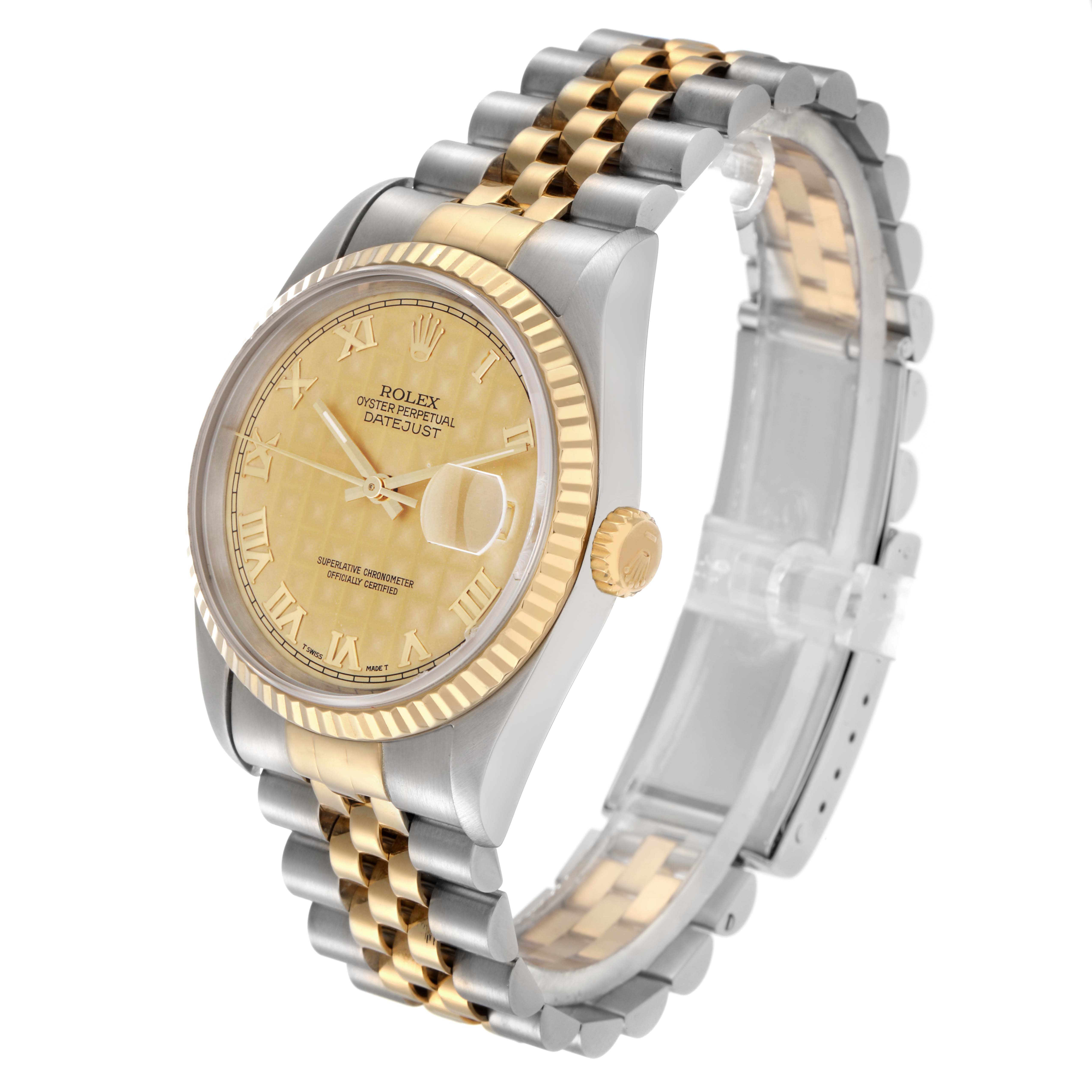 The Rolex Datejust 71081 Men
s Steel and Gold (two tone) Champagne Dial 71081 Men
s Steel and Gold (two tone) Champagne Dial watch is shown at a three-quarter angle, highlighting the dial, bezel, crown, and two-tone Jubilee bracelet.