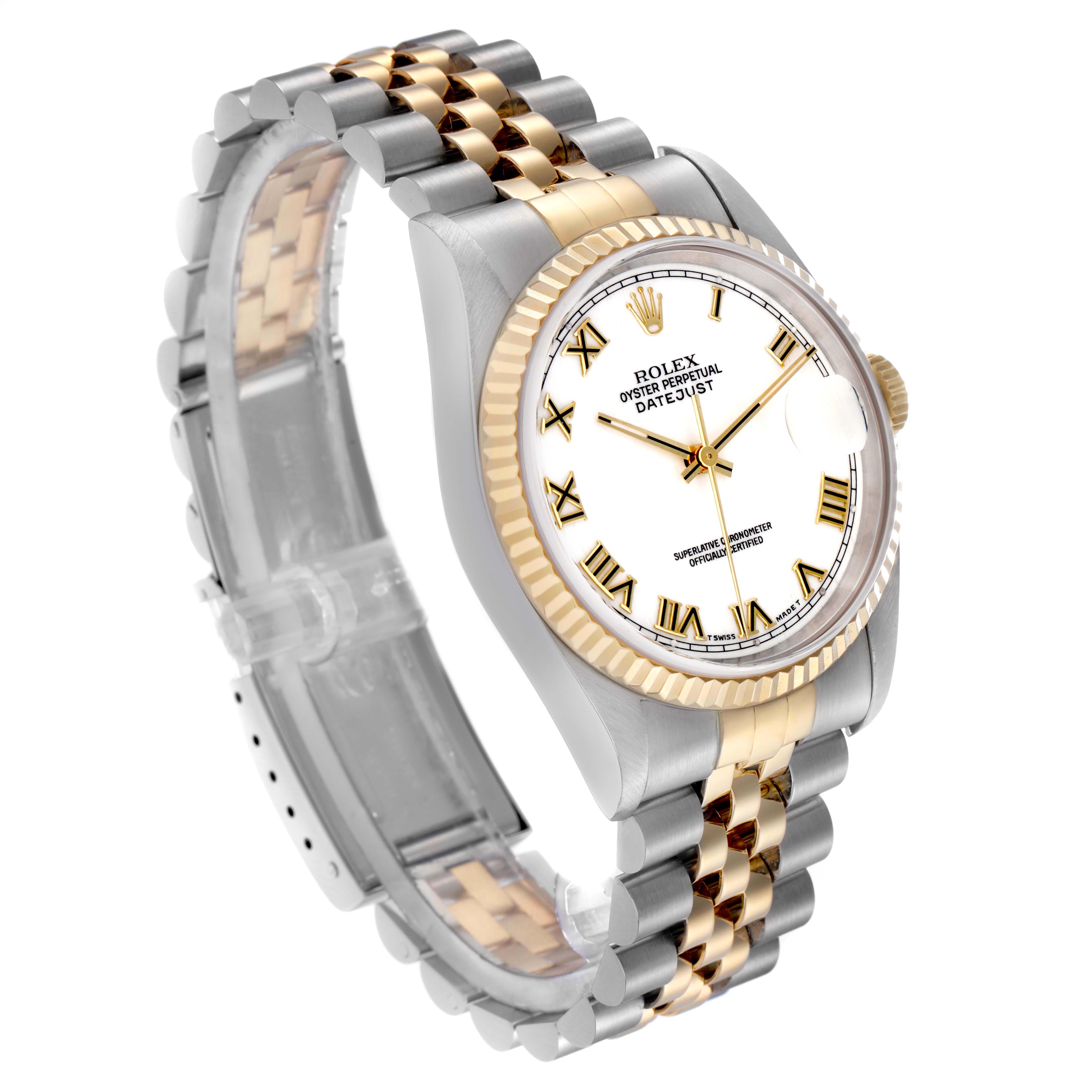 The Rolex Datejust 16233 Men
s Steel and Gold (two tone) White Dial 16233 Men
s Steel and Gold (two tone) White Dial watch is shown at a slight angle, highlighting its gold and silver bracelet, bezel, and white dial.