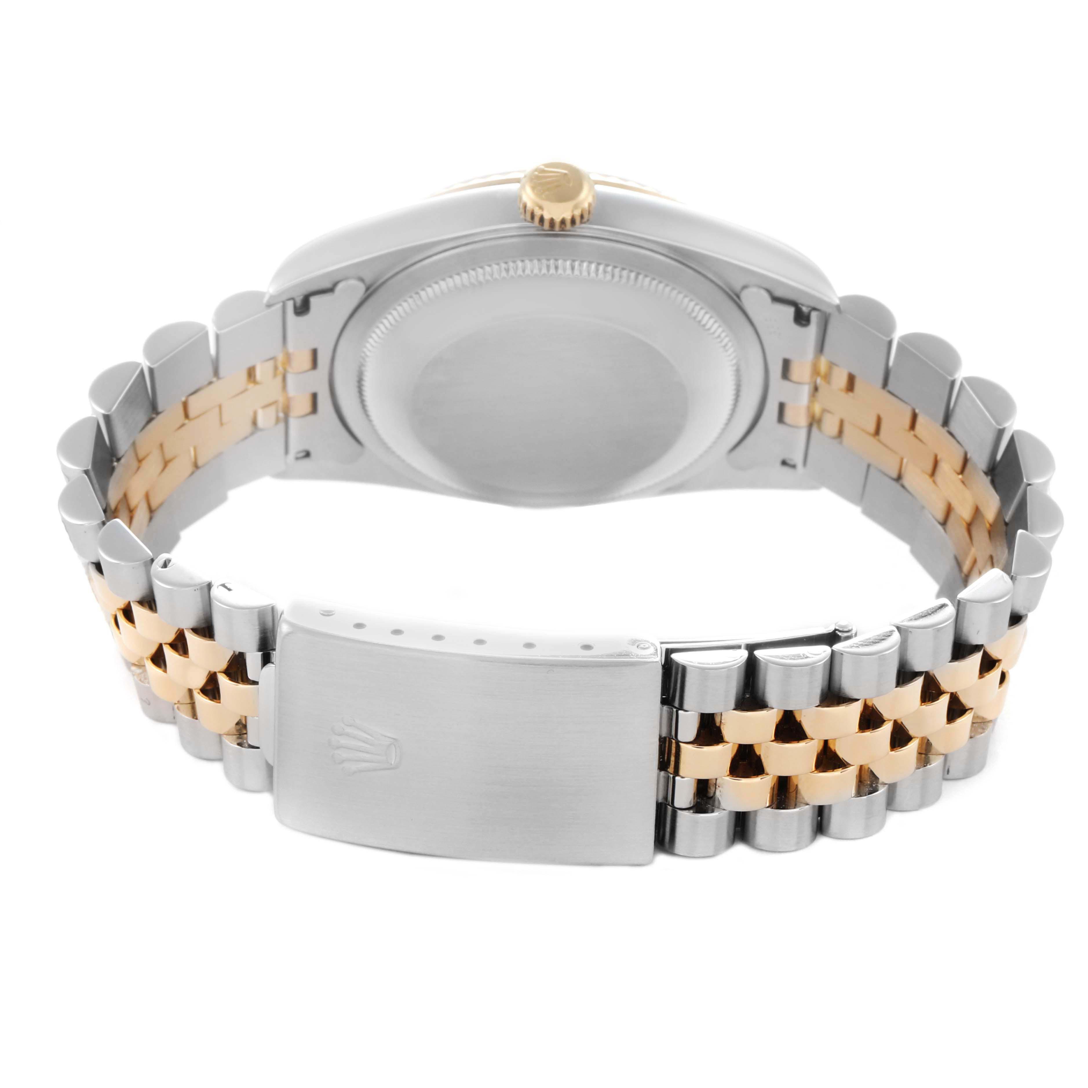 The image shows the back view of a Rolex Datejust 16233 Men
s Steel and Gold (two tone) White Dial 16233 Men
s Steel and Gold (two tone) White Dial watch, highlighting the case back, crown, and two-tone Jubilee bracelet with clasp.
