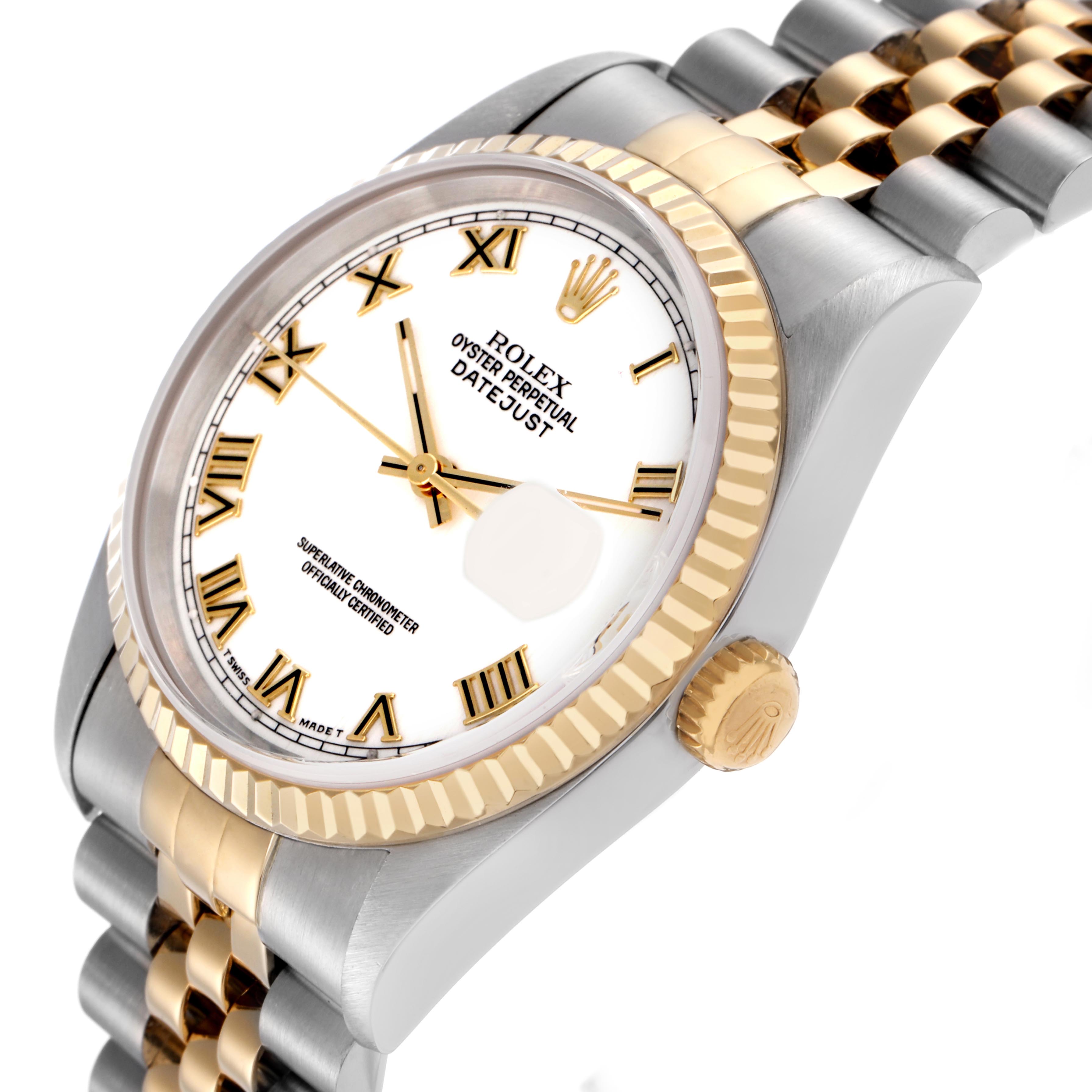 The Rolex Datejust 16233 Men
s Steel and Gold (two tone) White Dial 16233 Men
s Steel and Gold (two tone) White Dial watch is shown at an angled side view, highlighting the face, bezel, crown, and Jubilee bracelet.