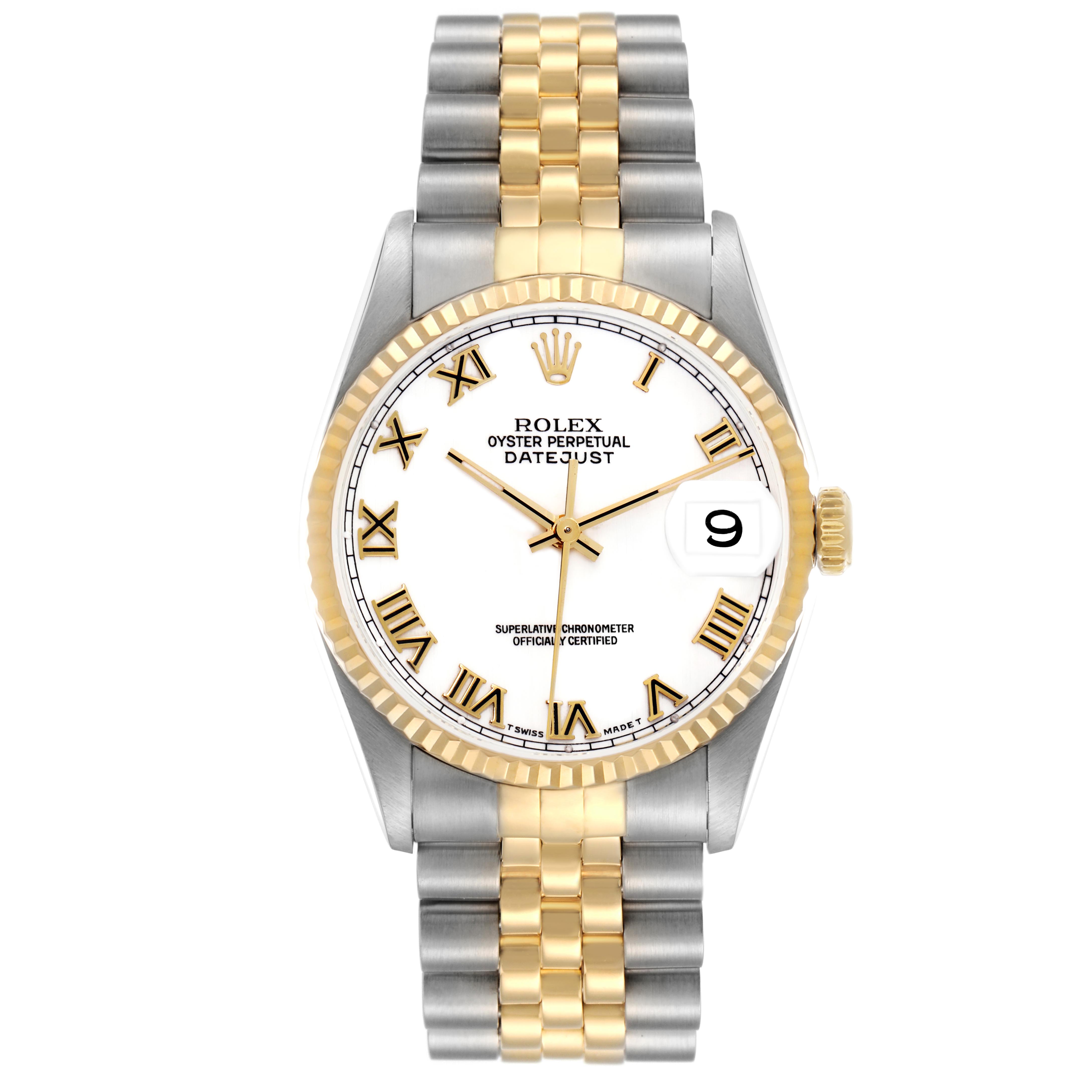 The Rolex Datejust 16233 Men
s Steel and Gold (two tone) White Dial 16233 Men
s Steel and Gold (two tone) White Dial watch is shown from a front view, highlighting the gold and silver bracelet, white dial, and fluted bezel.