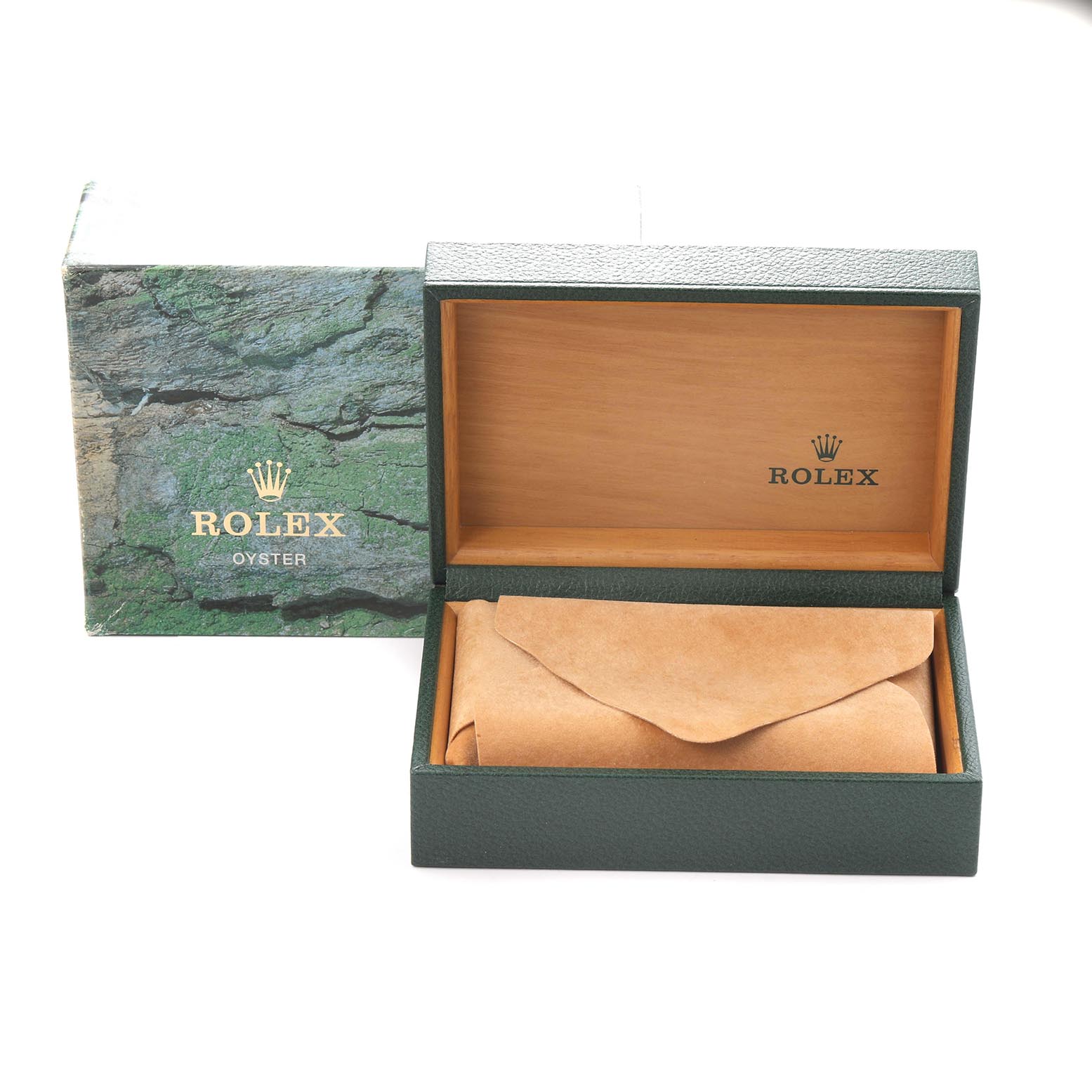 The image shows an open Rolex watch box for a Datejust model, with a pouch inside and the logo on both the box and lid.
