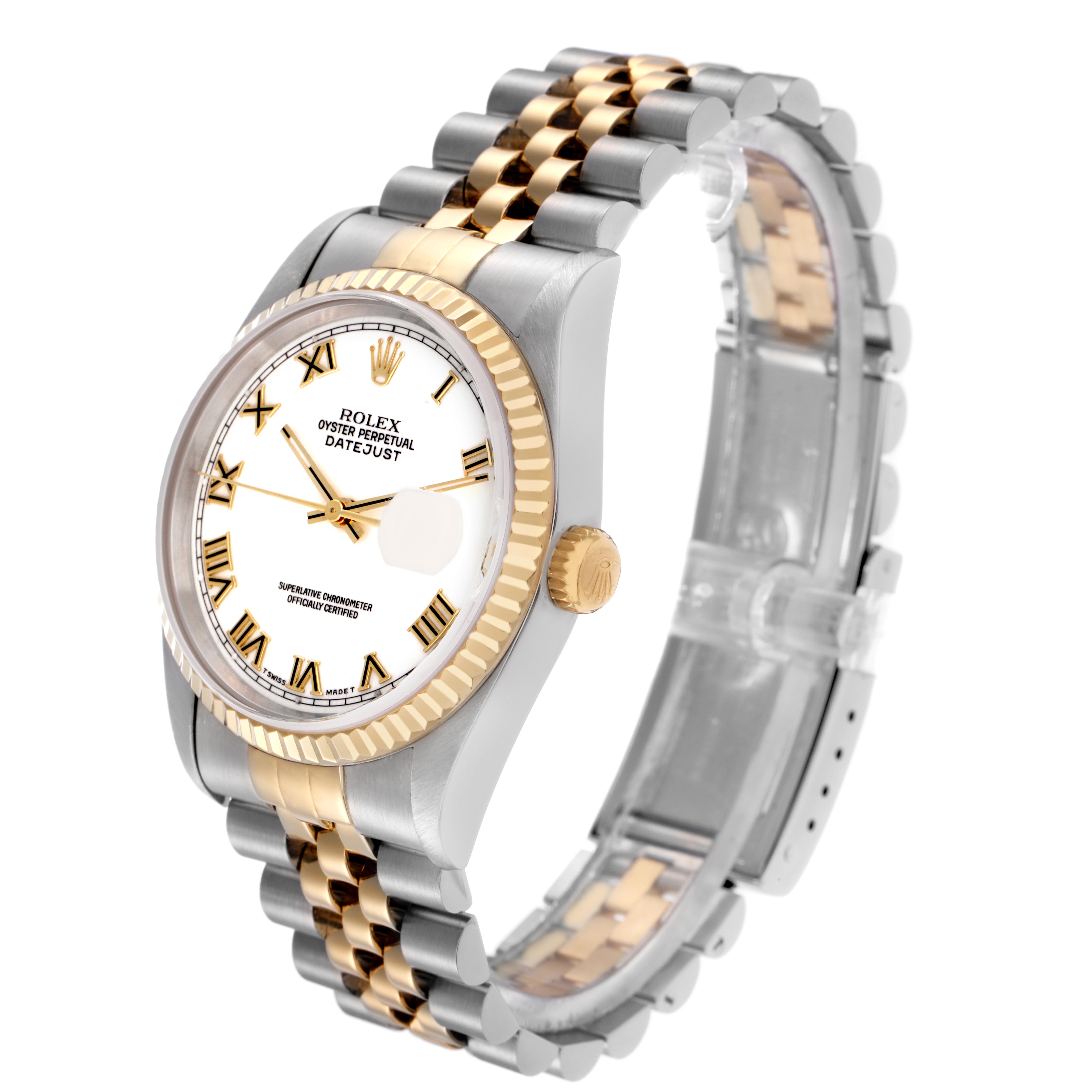 The Rolex Datejust 16233 Men
s Steel and Gold (two tone) White Dial 16233 Men
s Steel and Gold (two tone) White Dial is shown at a three-quarter angle, highlighting its two-tone bracelet, fluted bezel, and Roman numeral dial.