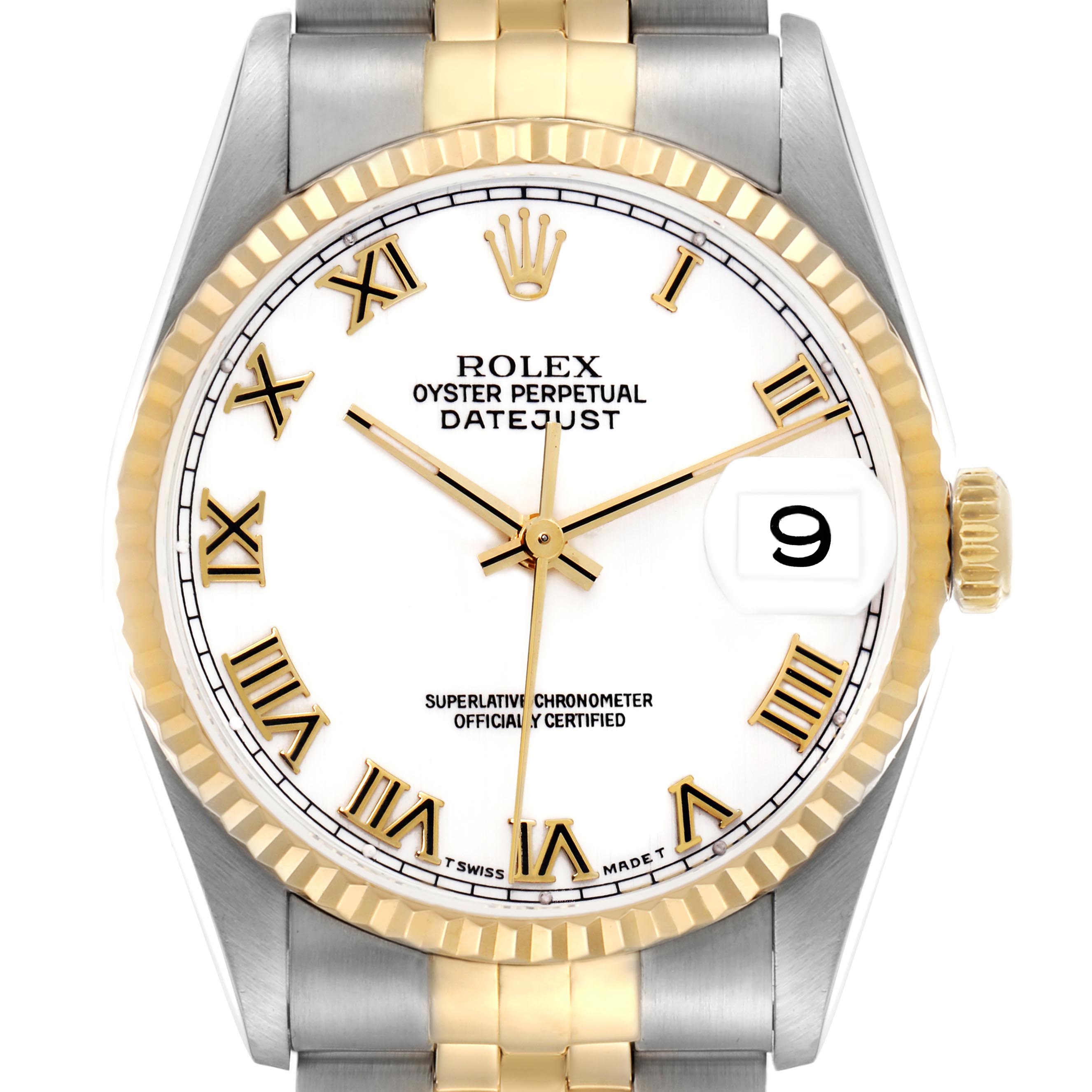 The Rolex Datejust 16233 Men
s Steel and Gold (two tone) White Dial 16233 Men
s Steel and Gold (two tone) White Dial watch is shown from the front, displaying its dial, bezel, and part of the bracelet.