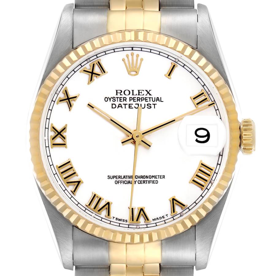 The Rolex Datejust watch is shown from the front, displaying its dial, bezel, and part of the bracelet.