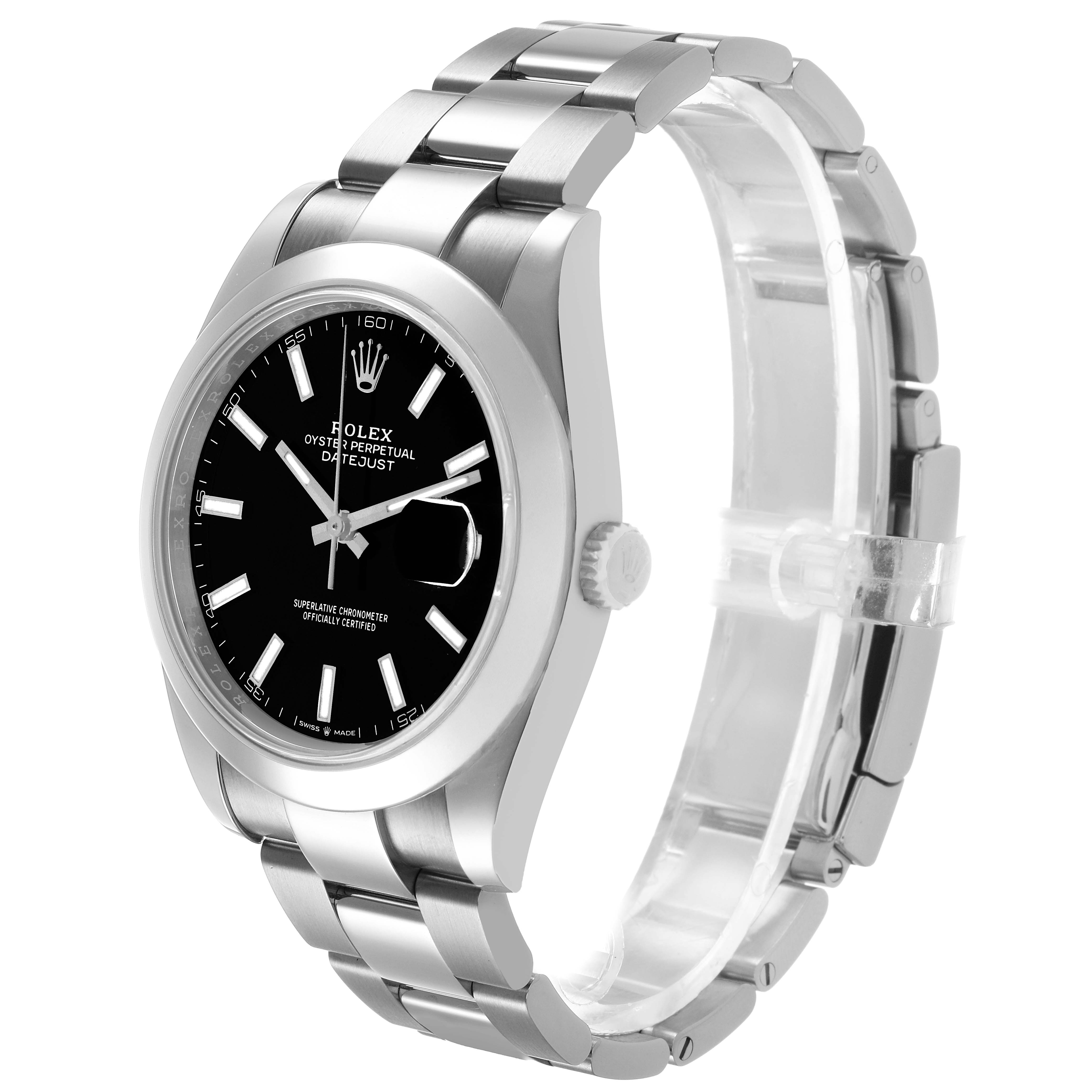 The Rolex Datejust 41 126300 Mens Stainless Steel Black Dial watch is shown at a three-quarter angle, displaying the face, bezel, crown, and bracelet.
