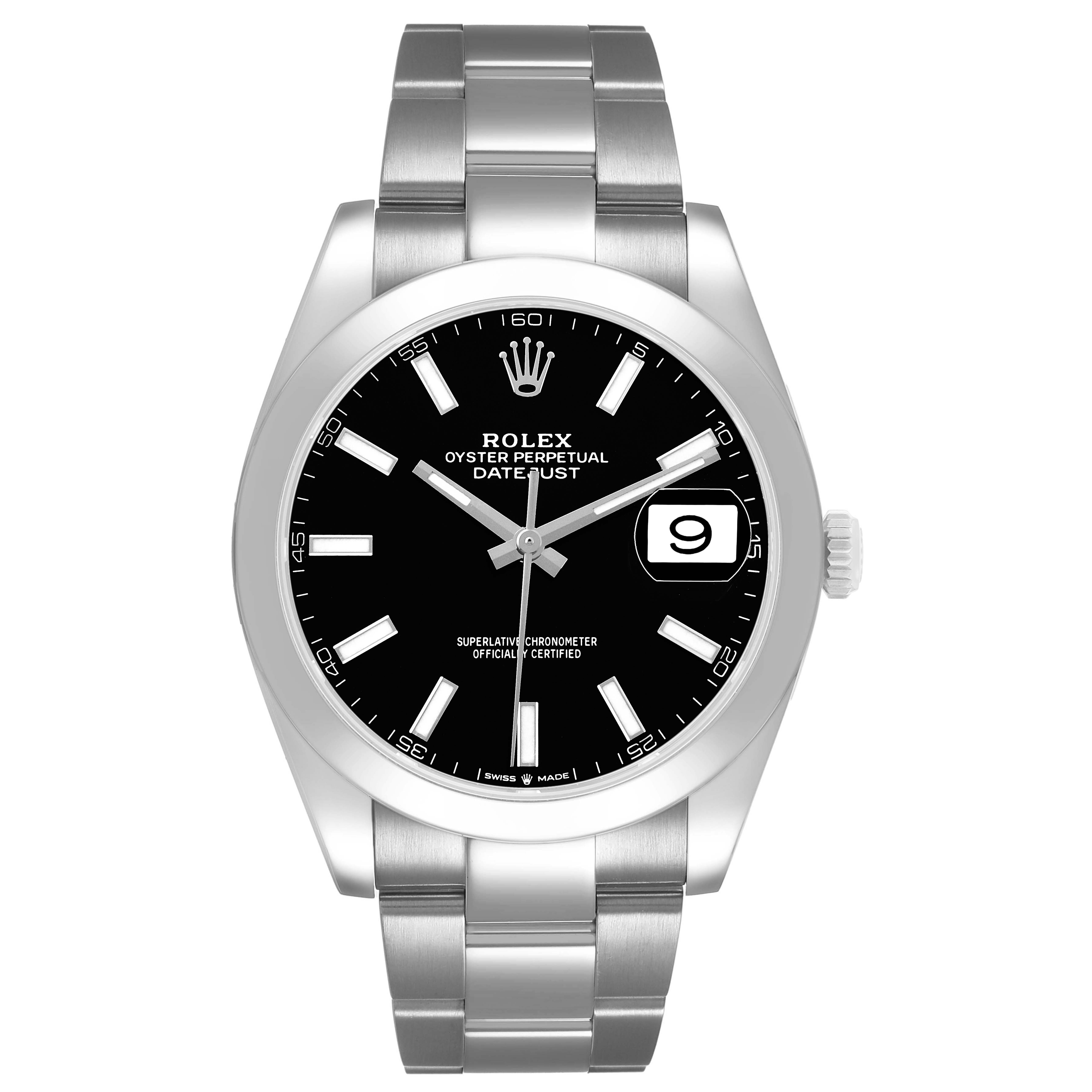 The Rolex Datejust 41 126300 Mens Stainless Steel Black Dial watch is shown from a front angle, displaying the dial, bezel, and part of the bracelet.