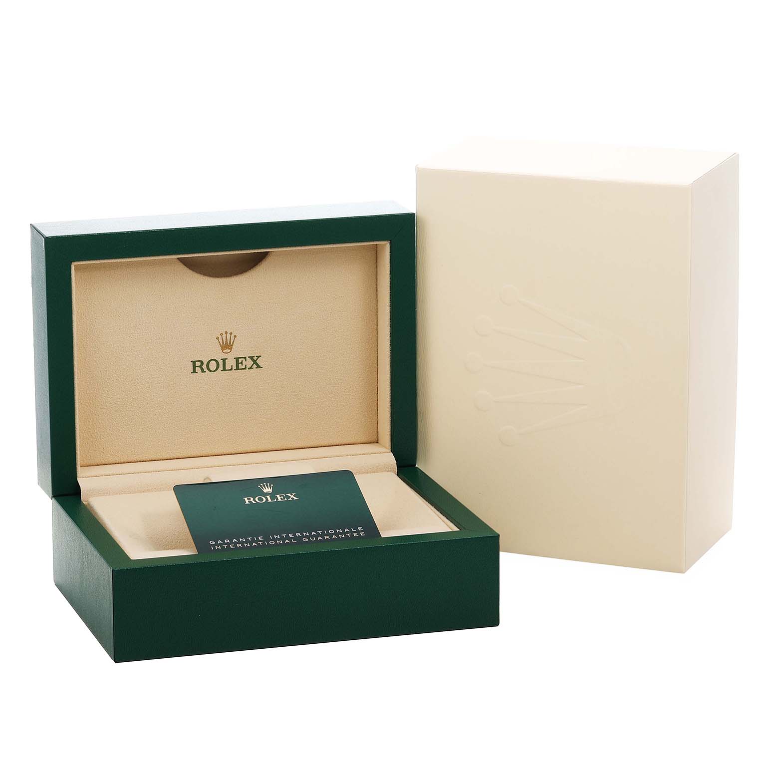 The image shows a Rolex Datejust 41 126300 Mens Stainless Steel Black Dial watch box and warranty card from a front angle.