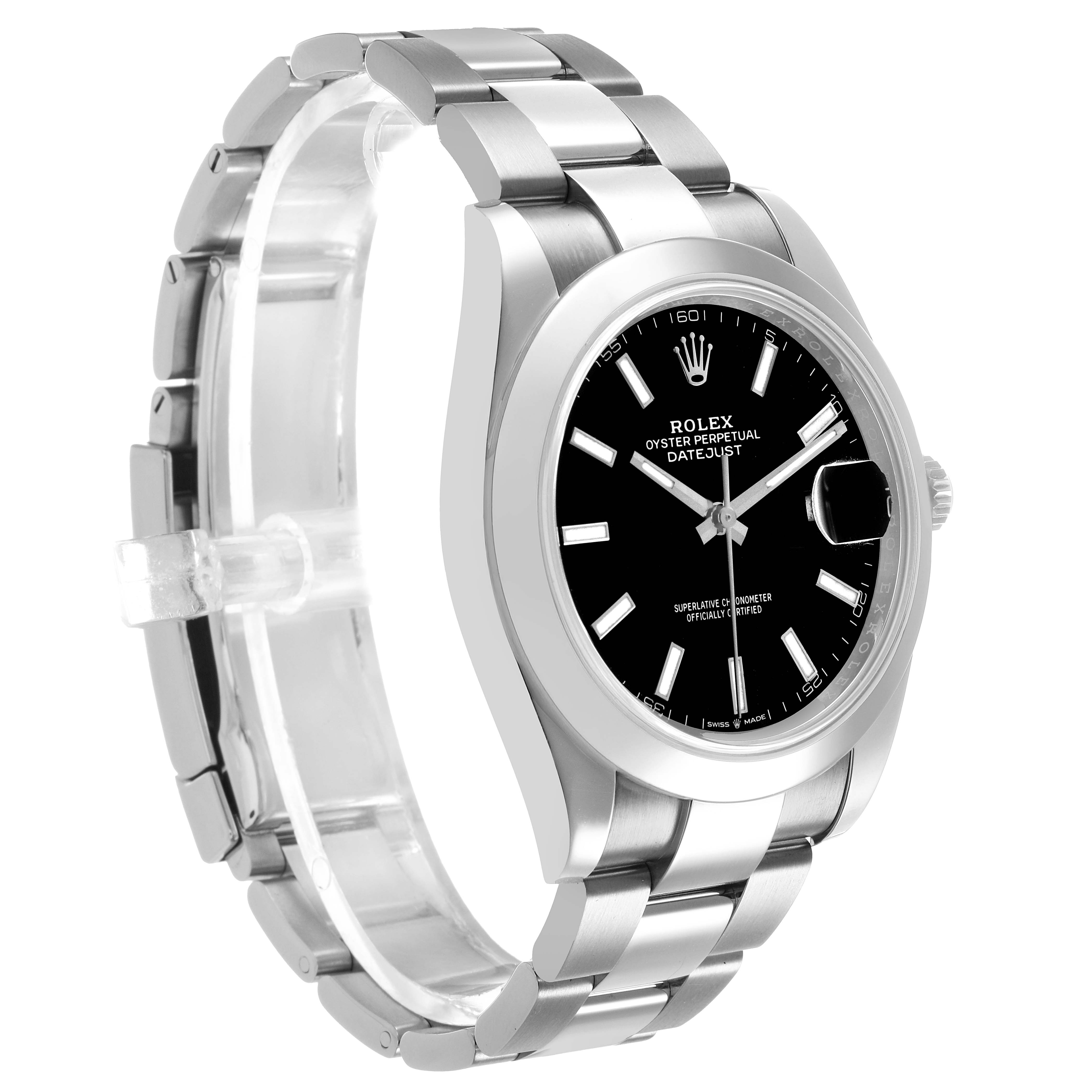 The Rolex Datejust 41 126300 Mens Stainless Steel Black Dial watch is shown from a three-quarter angle, highlighting the case, bezel, bracelet, and dial.