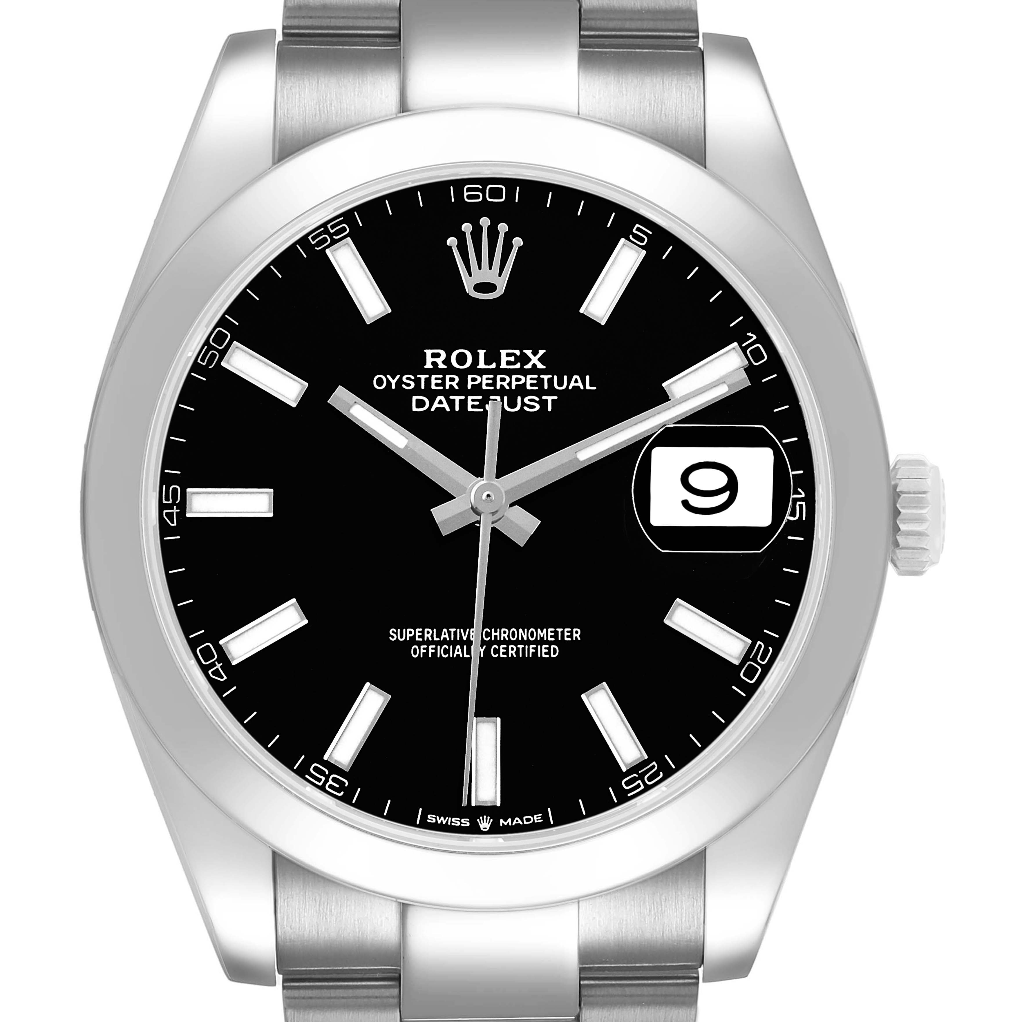 The Rolex Datejust 41 126300 Mens Stainless Steel Black Dial is shown from a front angle, highlighting the dial, markers, hands, and date window.