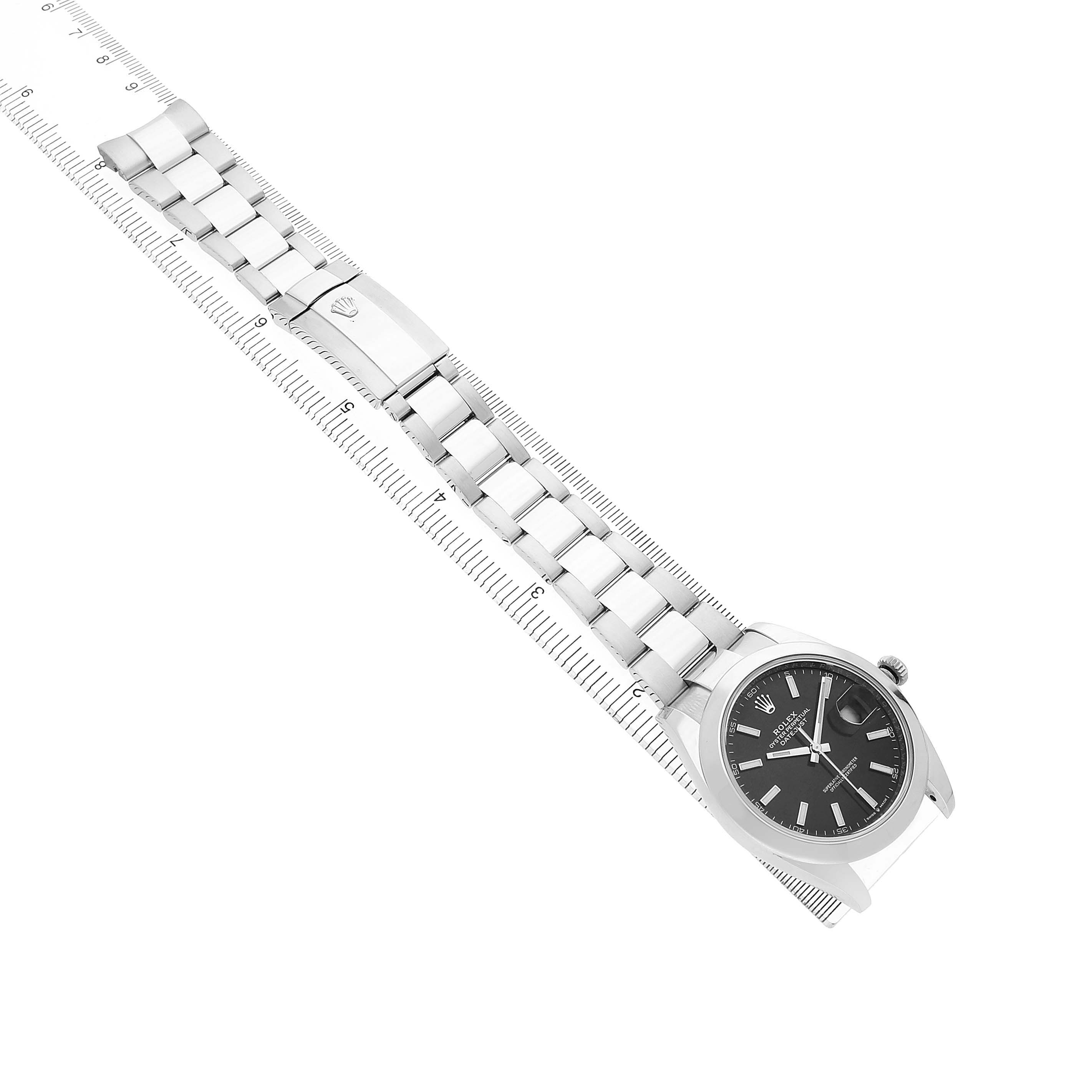 The Rolex Datejust 41 126300 Mens Stainless Steel Black Dial watch is shown at an oblique angle, highlighting its bracelet, clasp, and face.