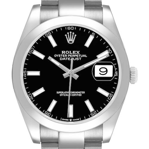 The Rolex Datejust 41 126300 Mens Stainless Steel Black Dial is displayed from a front angle, showing the dial, bezel, and partially the bracelet.