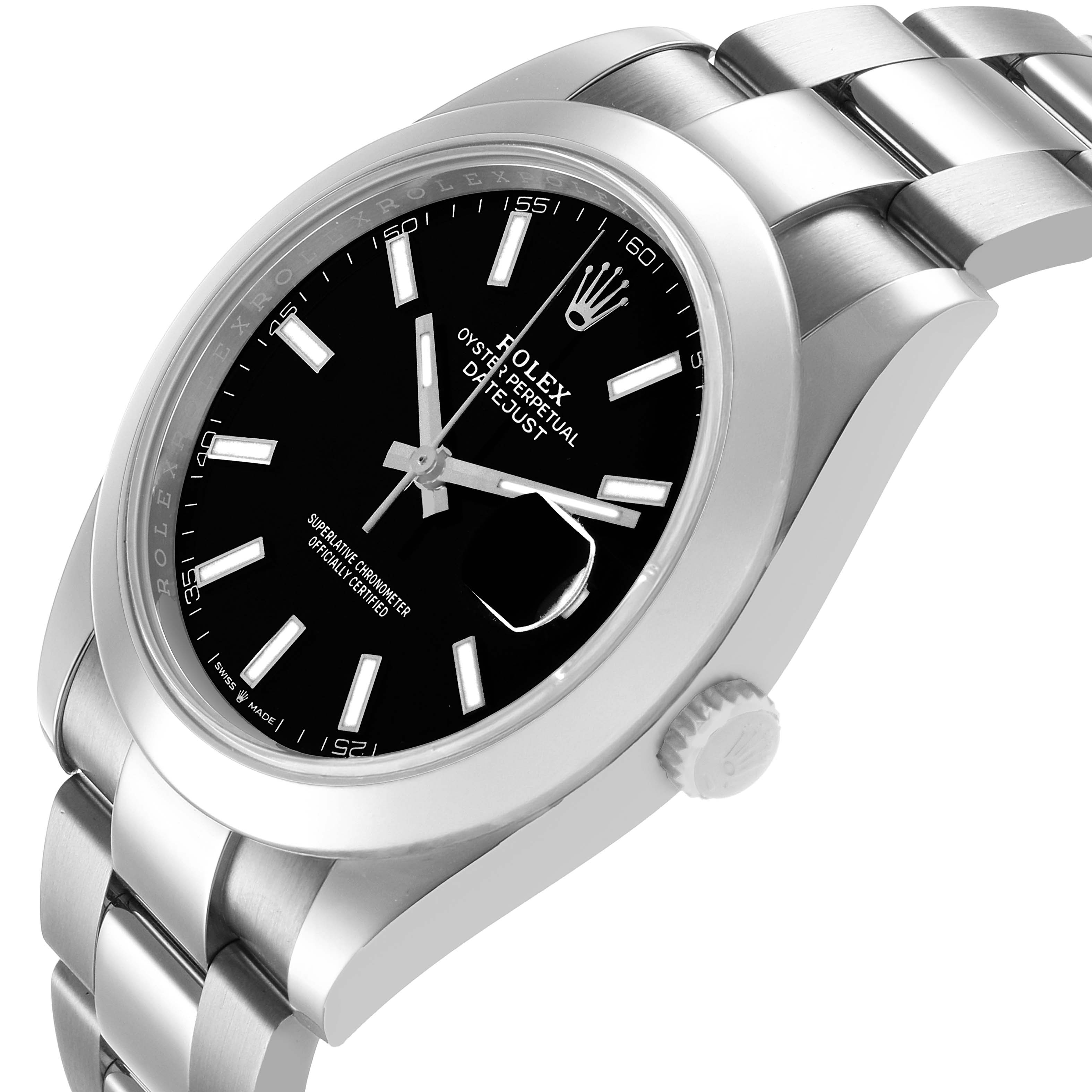 The Rolex Datejust 41 126300 Mens Stainless Steel Black Dial is shown at an angled side view, highlighting the dial, bezel, crown, and part of the bracelet.