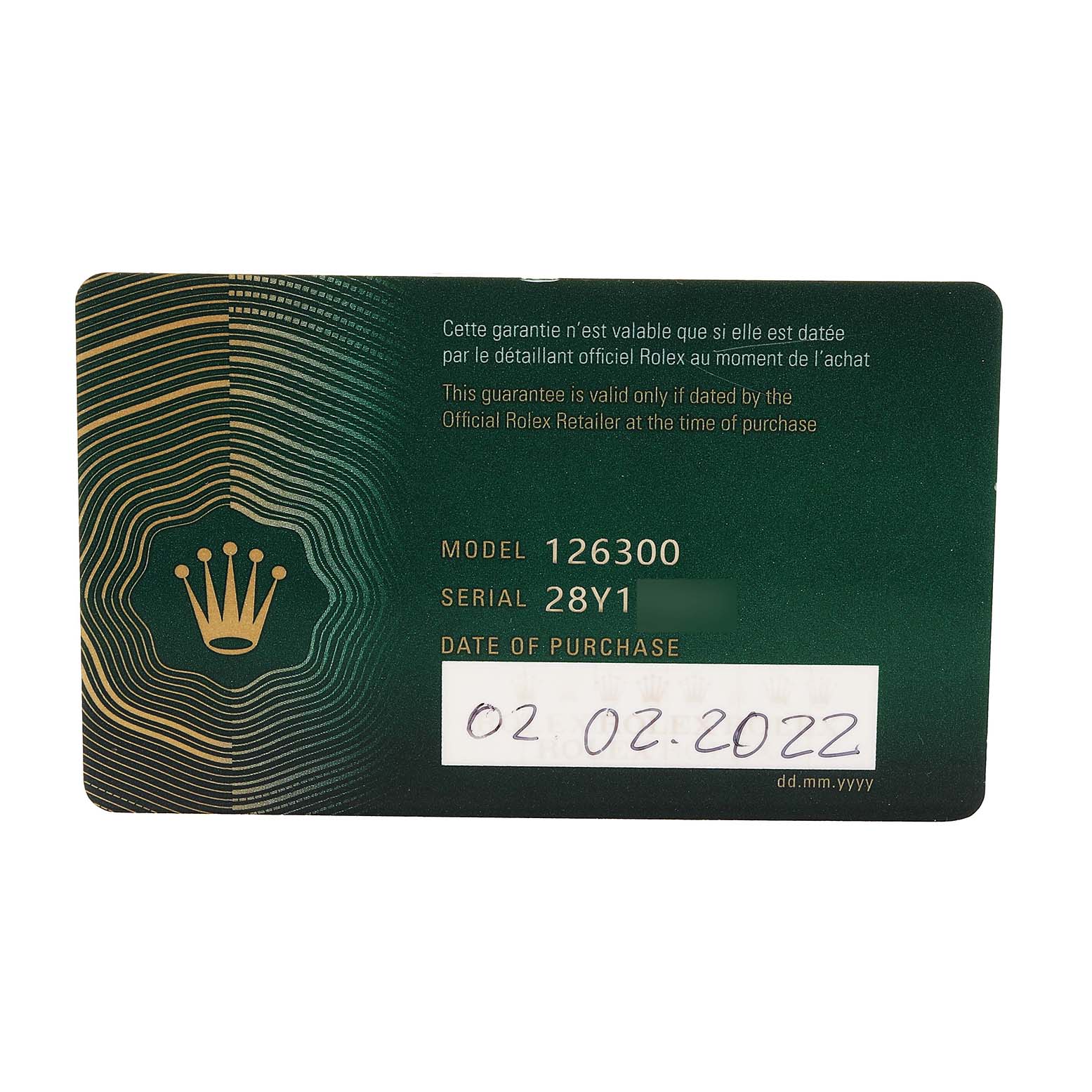 The image shows a warranty card for a Rolex Datejust 41 126300 Mens Stainless Steel Black Dial model, displaying model and serial numbers.
