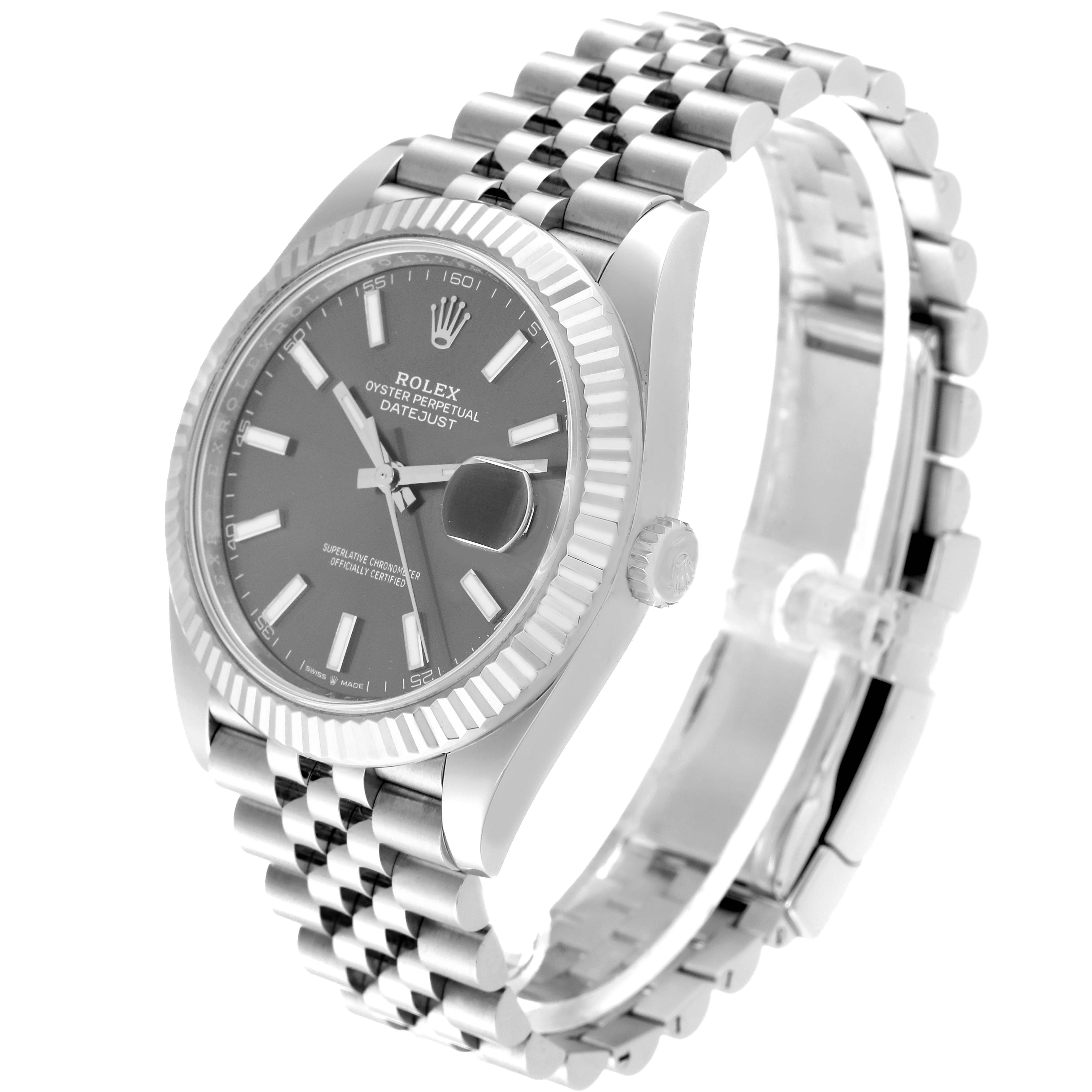 The Rolex Datejust 41 126334 Men
s Stainless Steel Grey Dial 126334 Men
s Stainless Steel Grey Dial is shown at a slight angle from the top right, highlighting its face, bezel, and Jubilee bracelet.