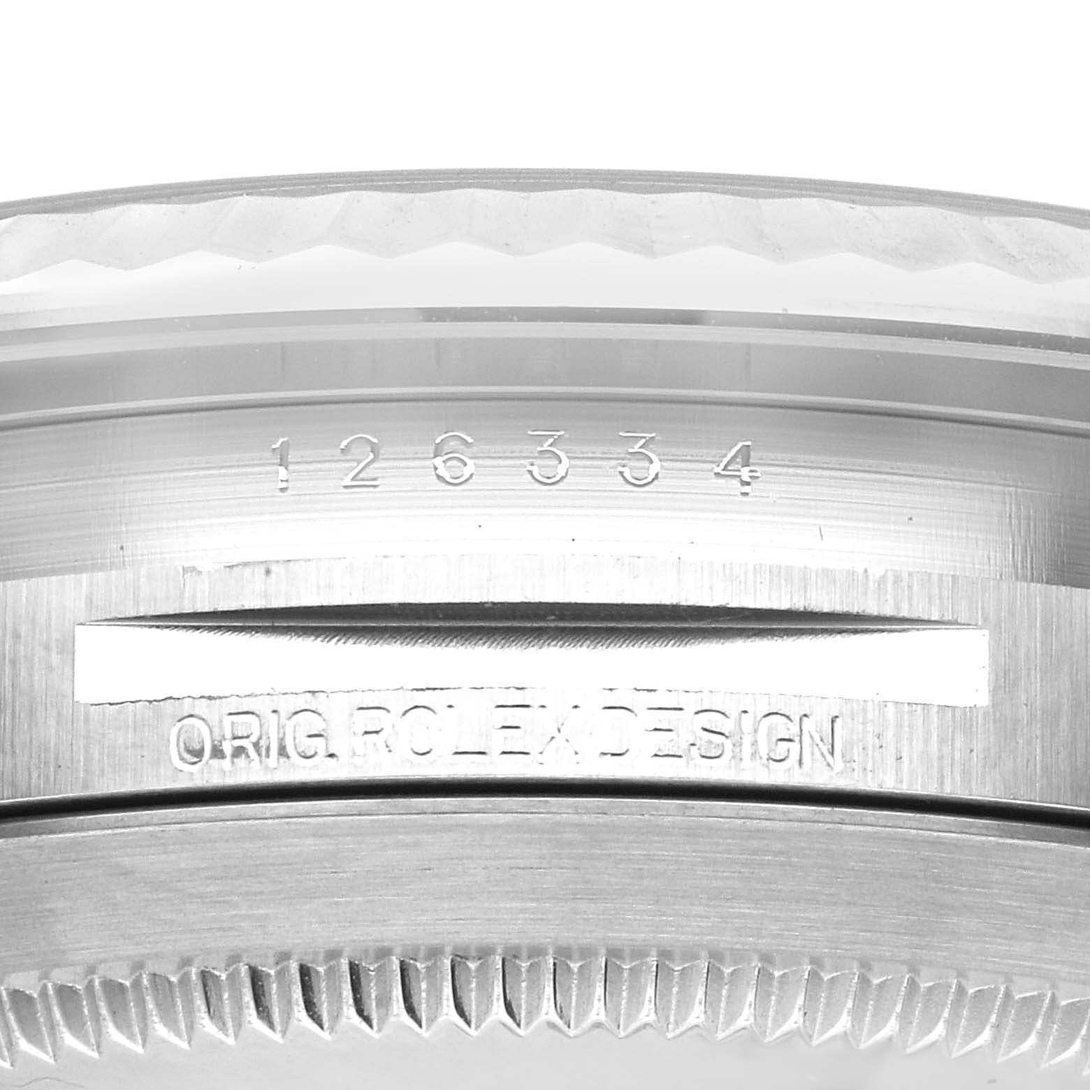This image shows the edge of the caseback and the engraved model number of the Rolex Datejust 41 126334 Men
s Stainless Steel Grey Dial 126334 Men
s Stainless Steel Grey Dial watch.