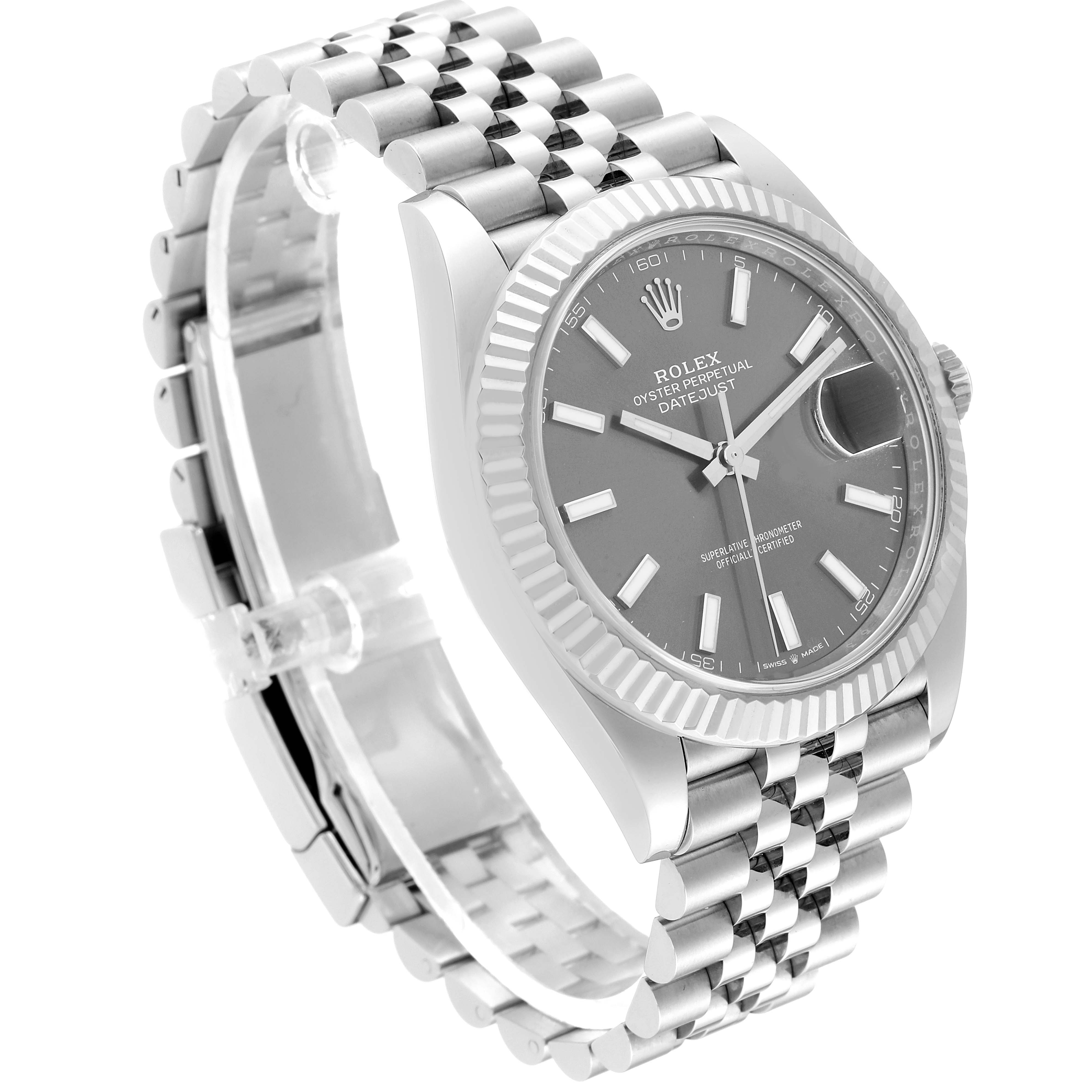 The Rolex Datejust 41 126334 Men
s Stainless Steel Grey Dial 126334 Men
s Stainless Steel Grey Dial watch is shown in a three-quarter view, highlighting the dial, bezel, and bracelet.