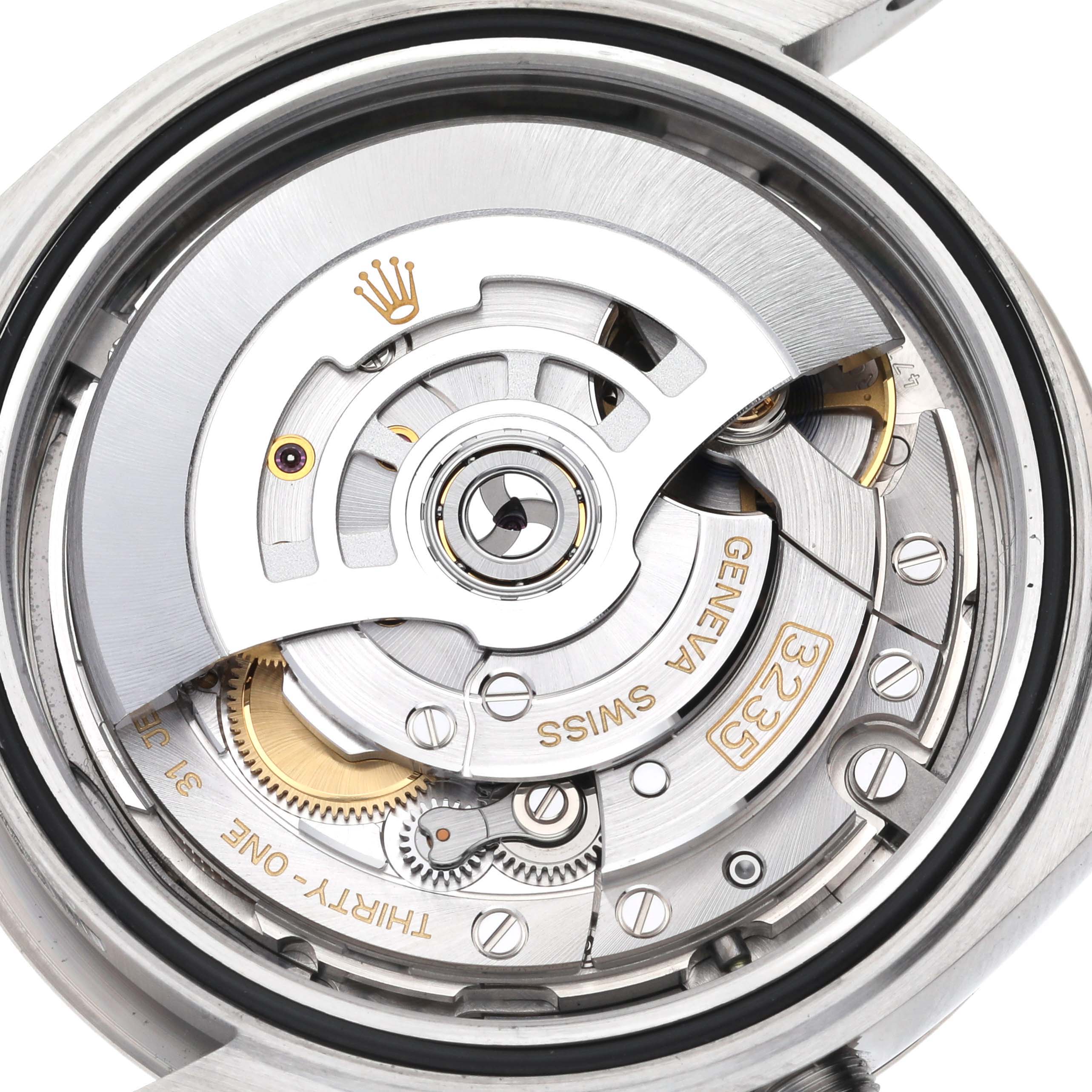 This image shows the intricate movement mechanism of the Rolex Datejust 41 126334 Men
s Stainless Steel Grey Dial 126334 Men
s Stainless Steel Grey Dial watch from the back angle.
