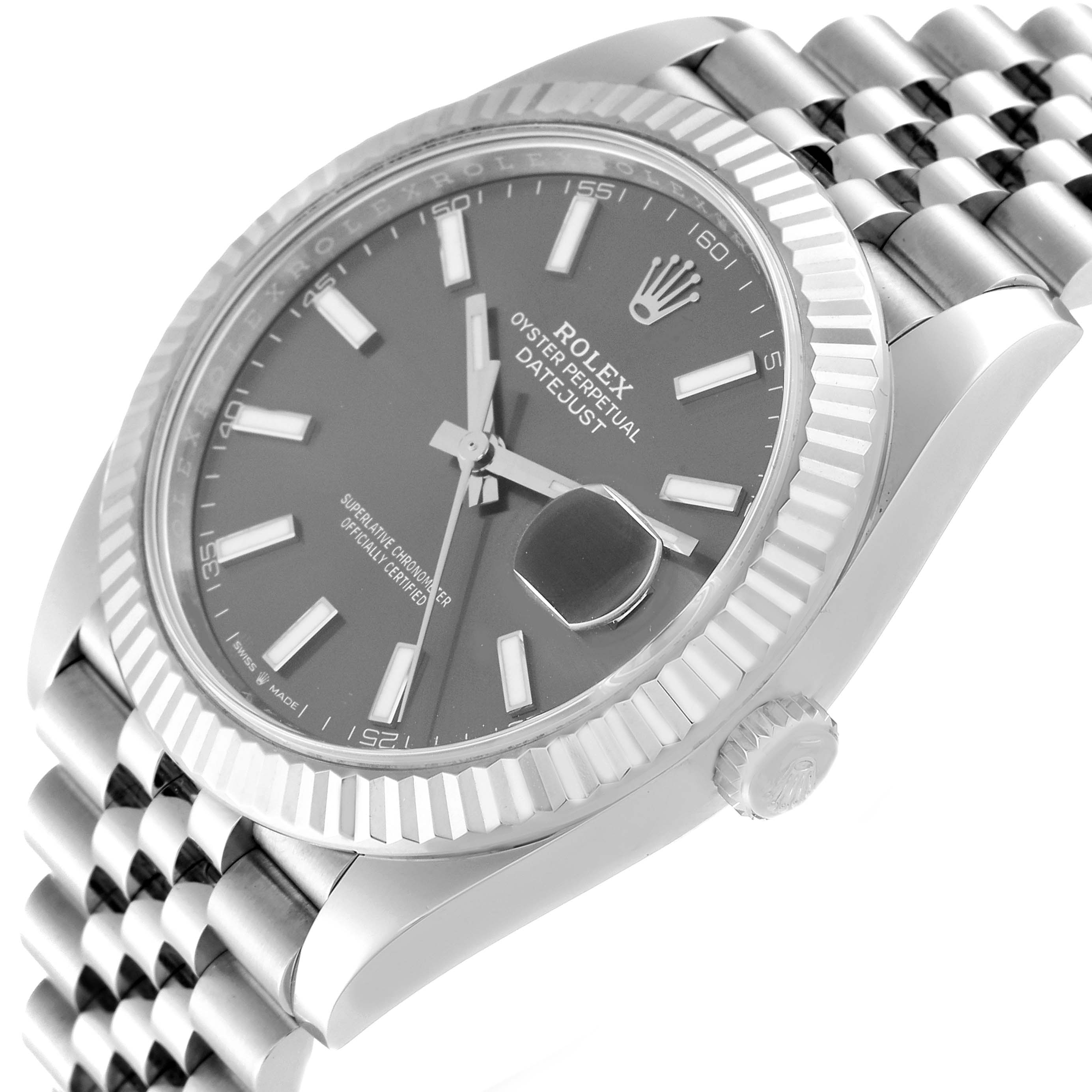 The image shows the Rolex Datejust 41 126334 Men
s Stainless Steel Grey Dial 126334 Men
s Stainless Steel Grey Dial model at a slight angle, highlighting the dial, fluted bezel, crown, and Jubilee bracelet.