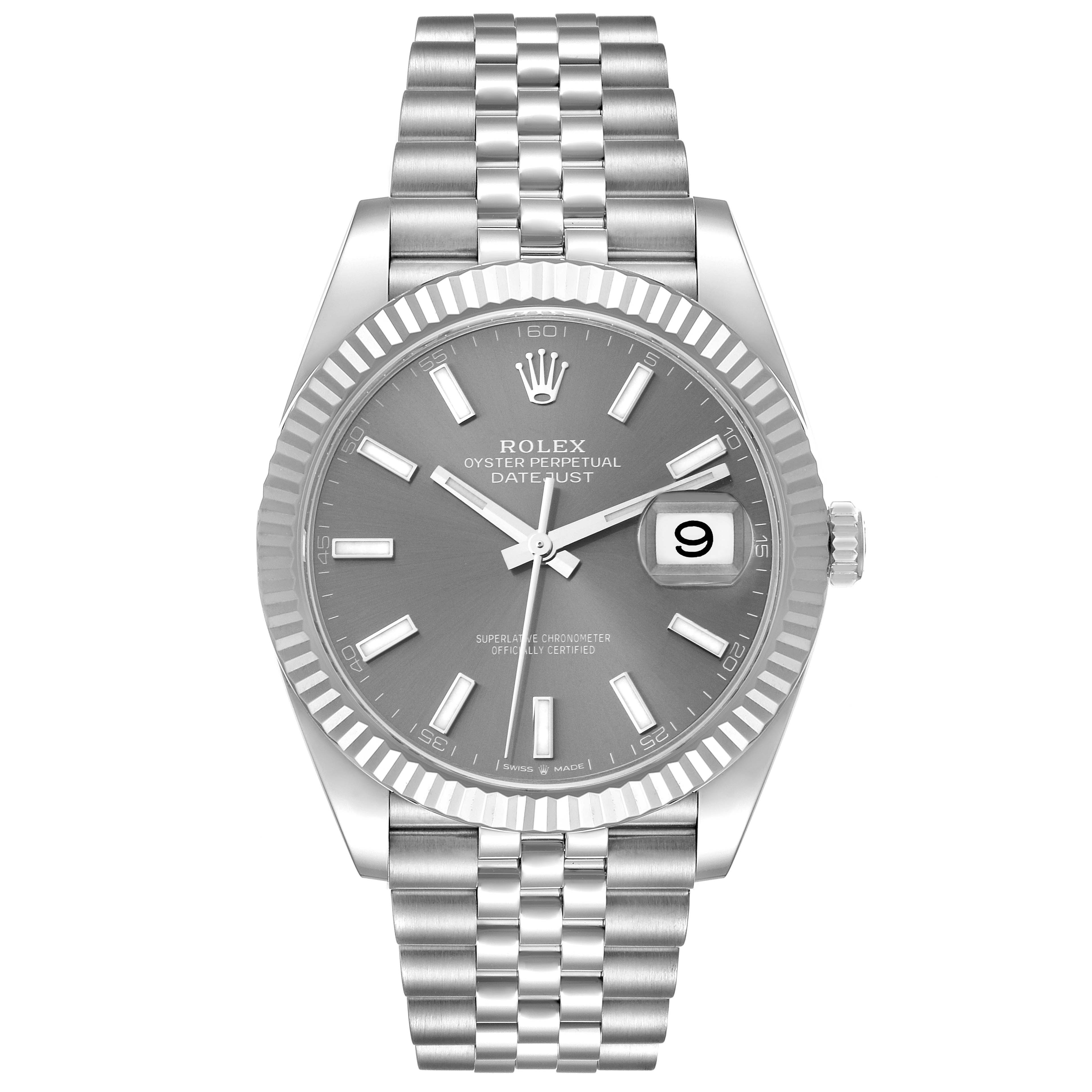 The image shows a frontal view of a Rolex Datejust 41 126334 Men
s Stainless Steel Grey Dial 126334 Men
s Stainless Steel Grey Dial with a silver dial, fluted bezel, and Jubilee bracelet.