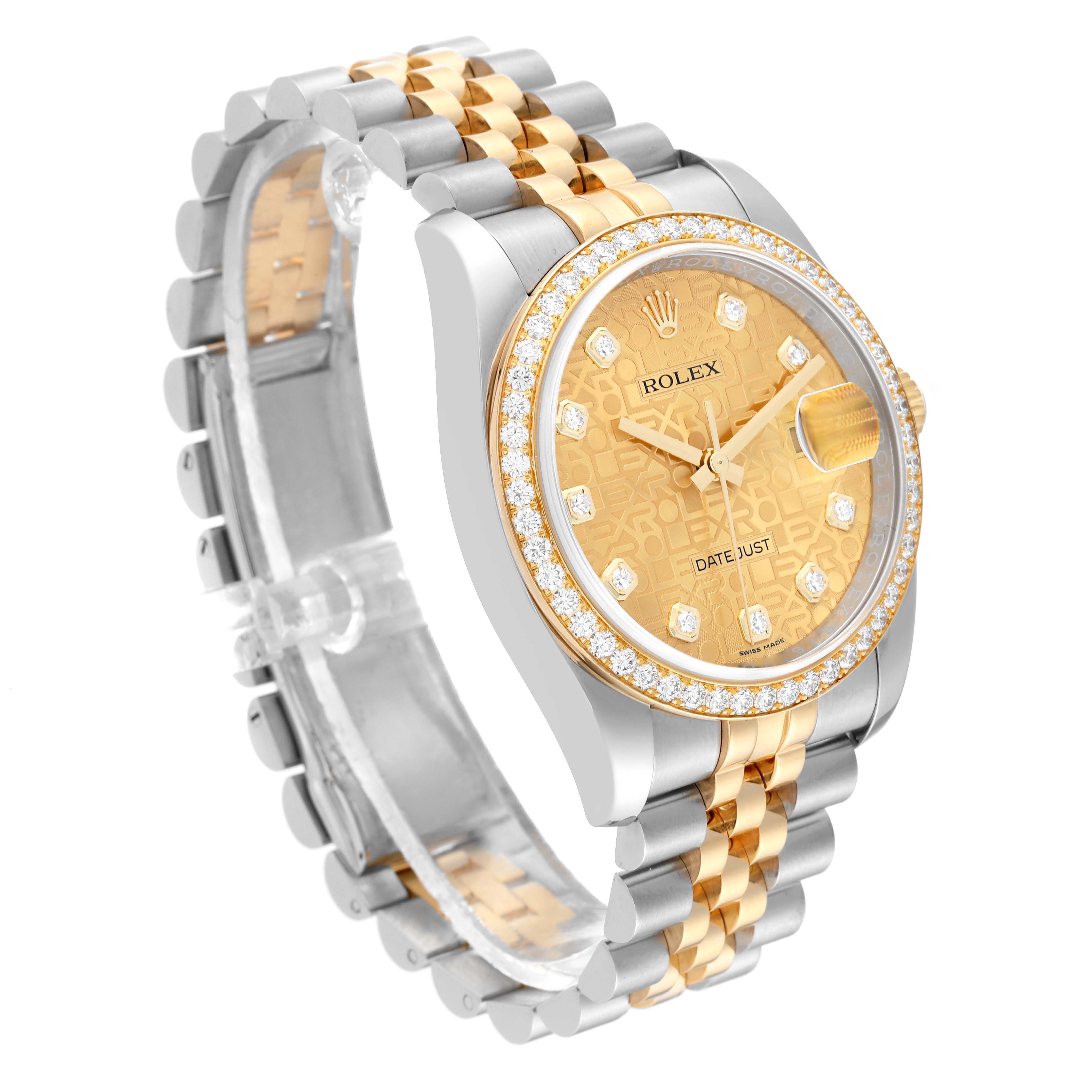 The Rolex Datejust 116243 Men's Steel and Gold (two tone) Champagne Dial 116243 Men's Steel and Gold (two tone) Champagne Dial watch is shown at a three-quarter angle, displaying the dial, bezel, and two-tone bracelet.