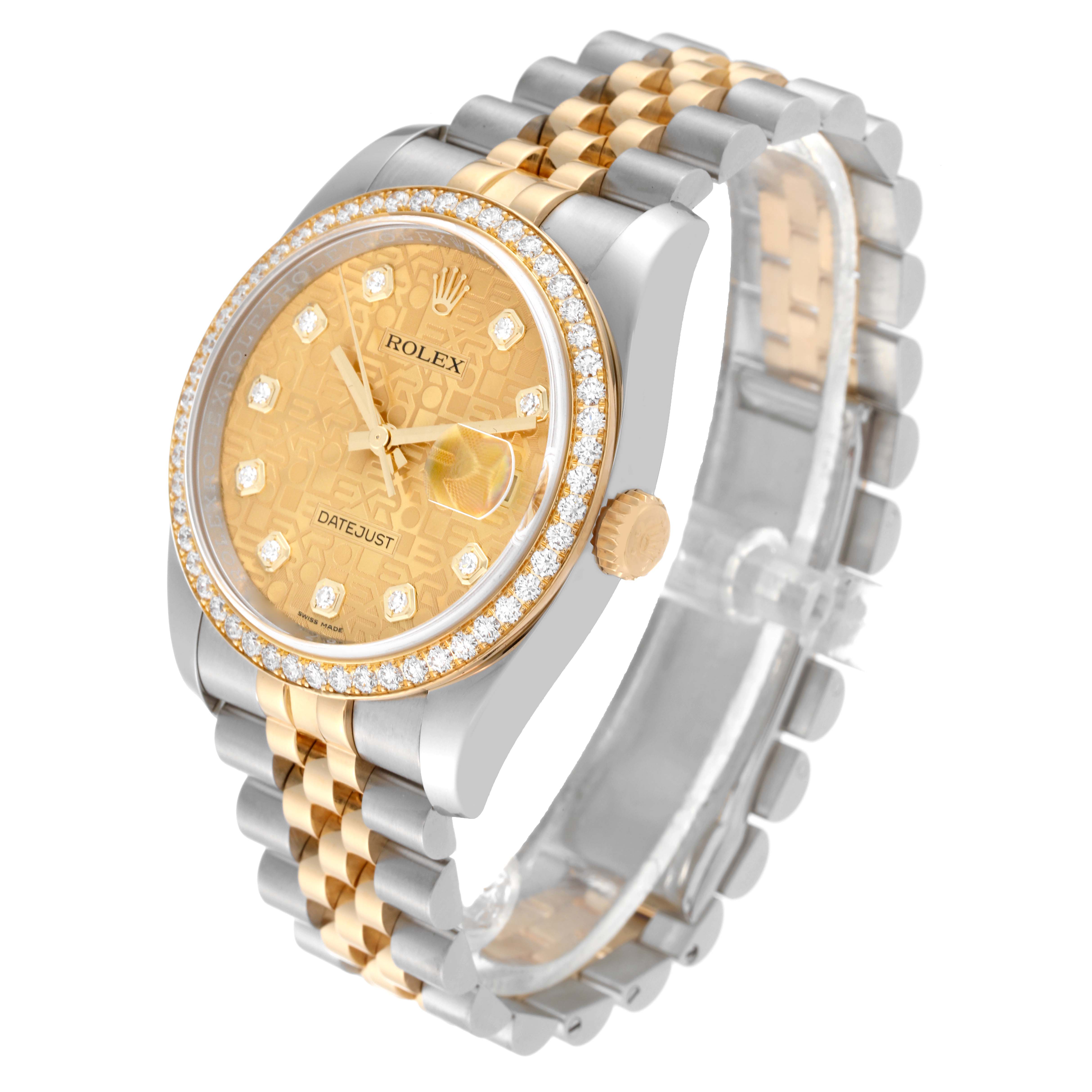 This image shows a Rolex Datejust 116243 Men's Steel and Gold (two tone) Champagne Dial 116243 Men's Steel and Gold (two tone) Champagne Dial watch from a slight side angle, highlighting the gold dial, bezel, and two-tone bracelet.