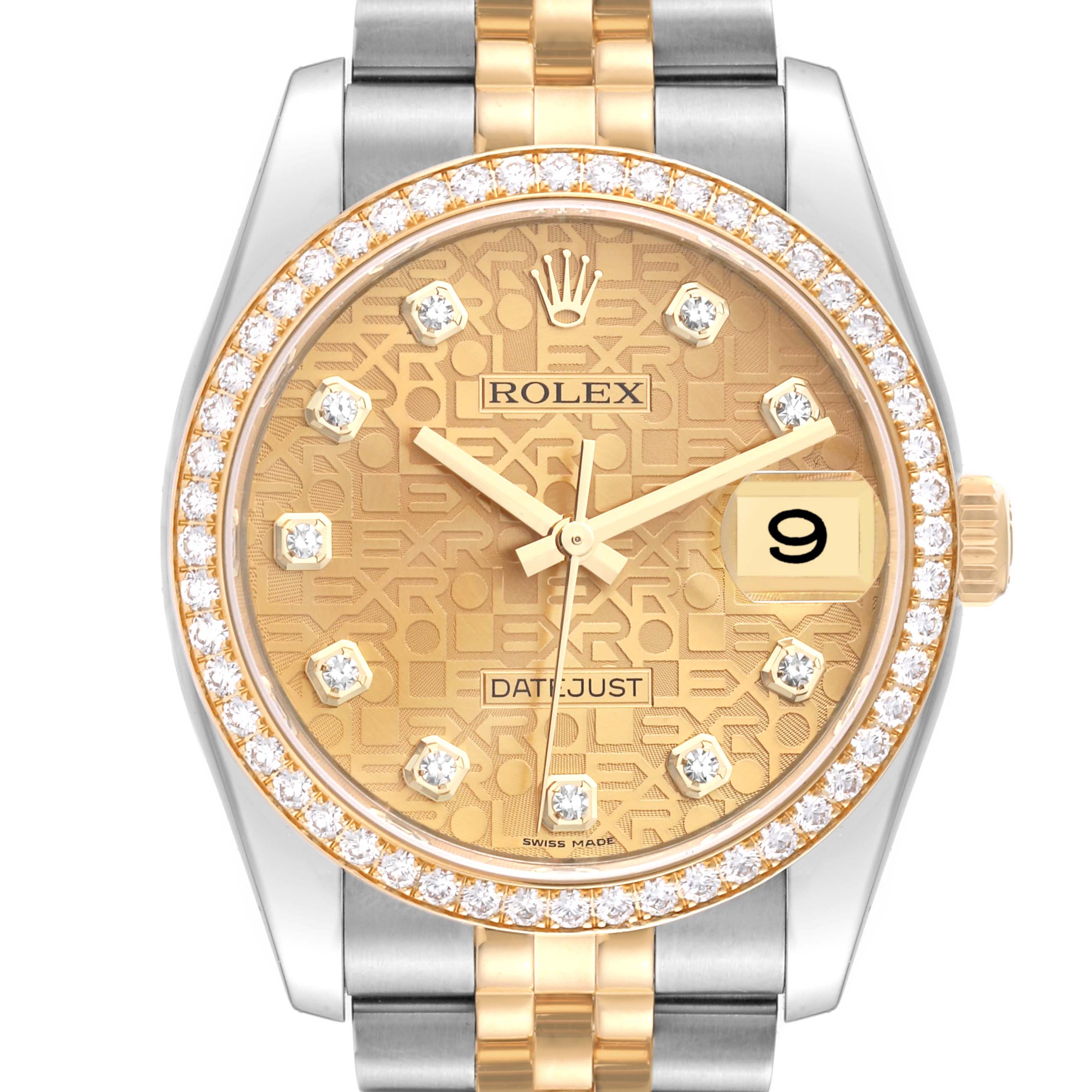 The image shows a front view of a Rolex Datejust 116243 Men's Steel and Gold (two tone) Champagne Dial 116243 Men's Steel and Gold (two tone) Champagne Dial watch, highlighting the dial, bezel, and part of the bracelet.
