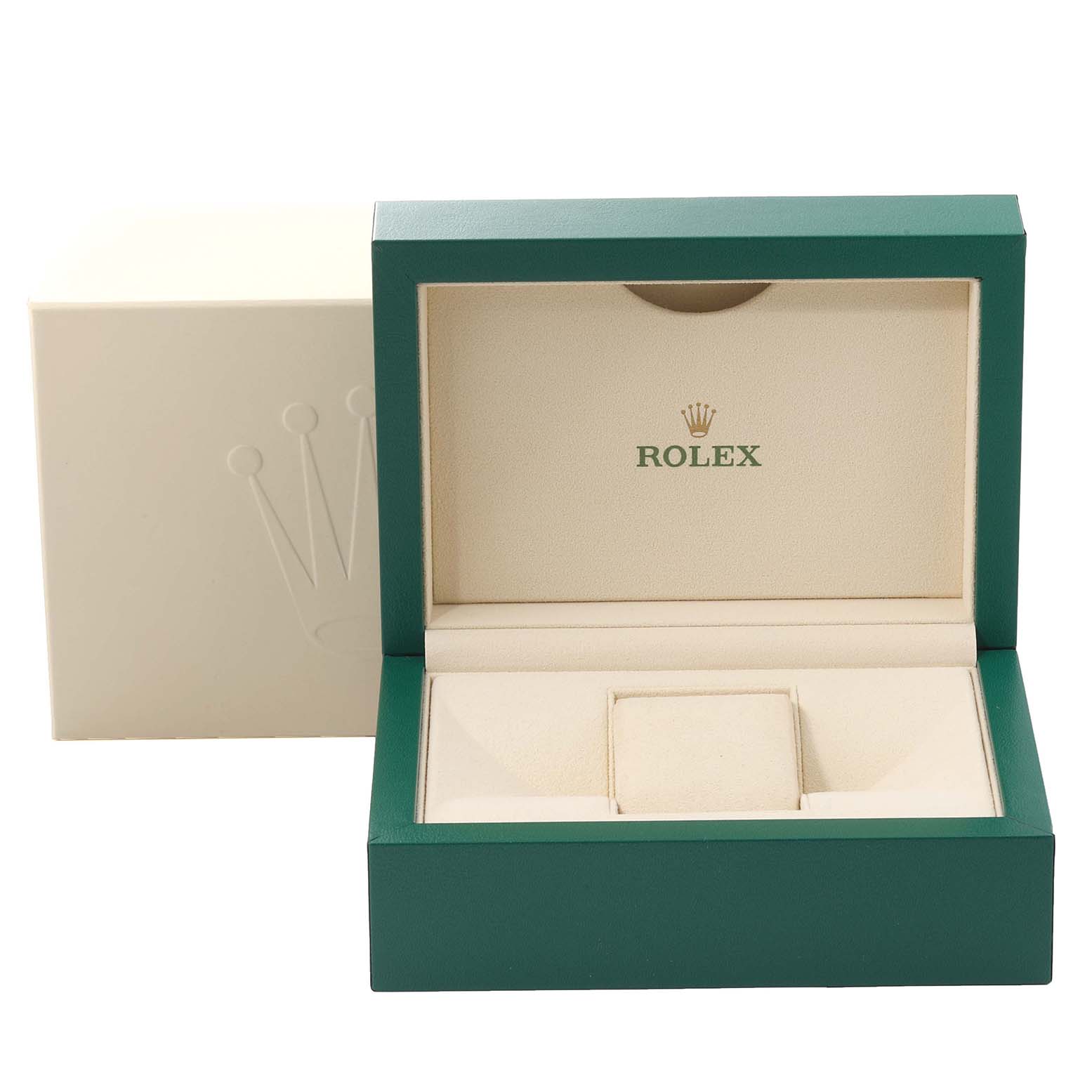 The image shows a Rolex Datejust 116243 Men's Steel and Gold (two tone) Champagne Dial 116243 Men's Steel and Gold (two tone) Champagne Dial watch box and cushion viewed from the front.