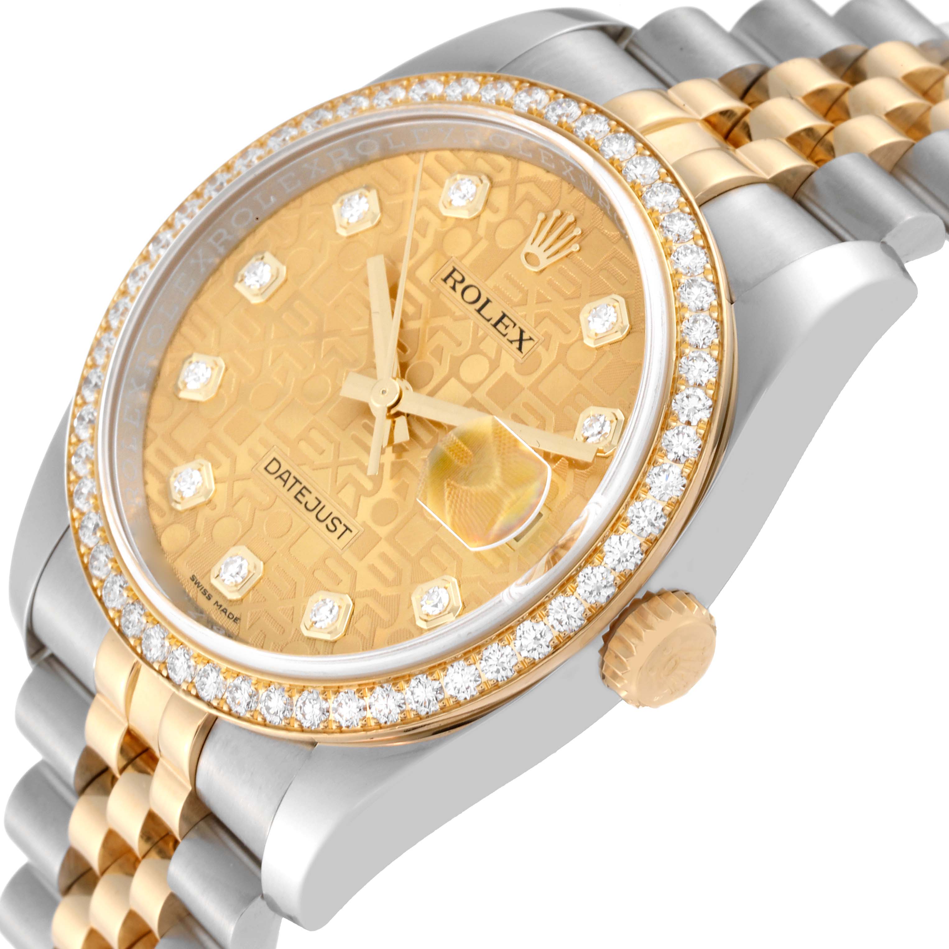 The image shows a close-up of a Rolex Datejust 116243 Men's Steel and Gold (two tone) Champagne Dial 116243 Men's Steel and Gold (two tone) Champagne Dial, focusing on the dial, bezel, and part of the bracelet.