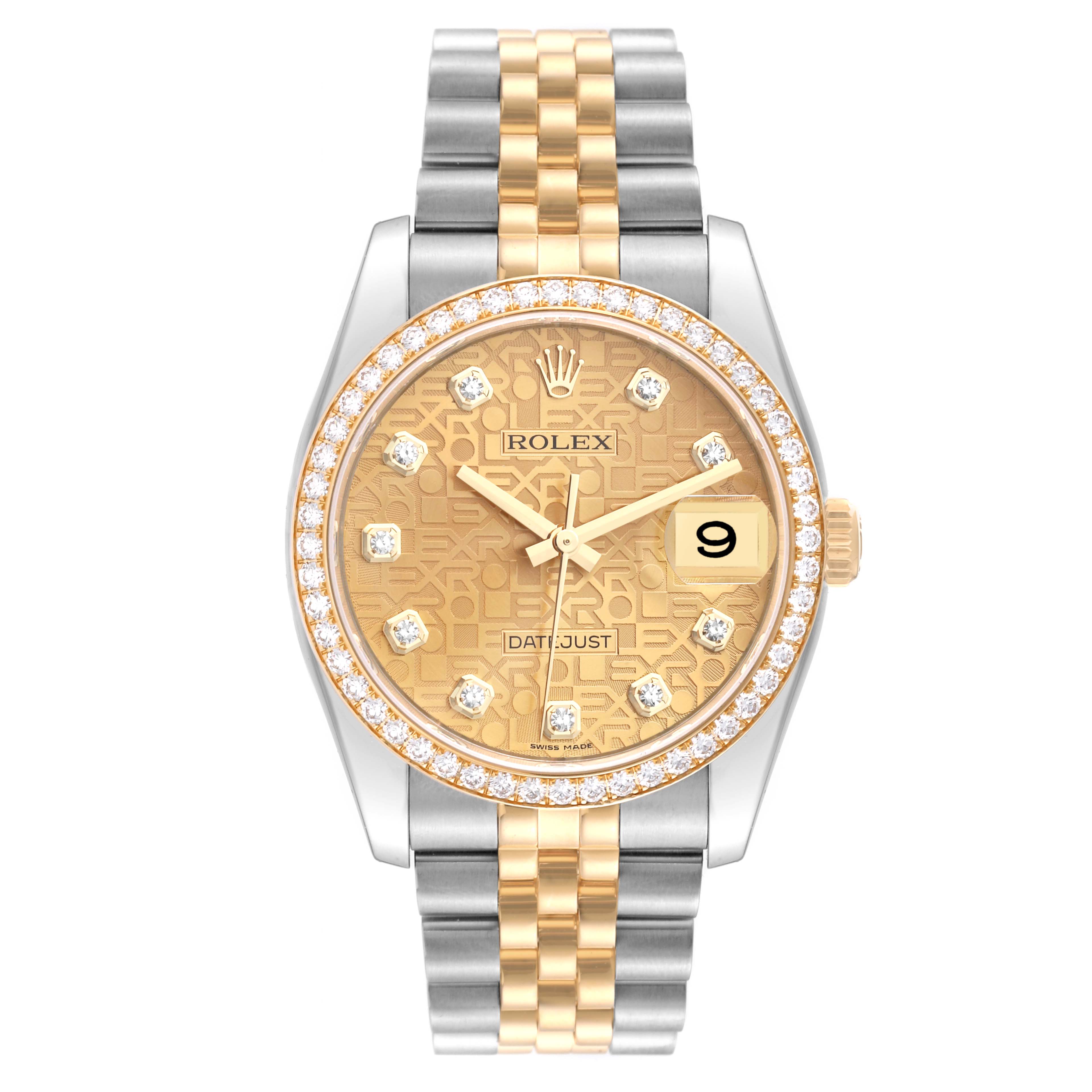 The Rolex Datejust 116243 Men's Steel and Gold (two tone) Champagne Dial 116243 Men's Steel and Gold (two tone) Champagne Dial watch is shown from a front angle, displaying the face, bezel, hands, and bracelet.