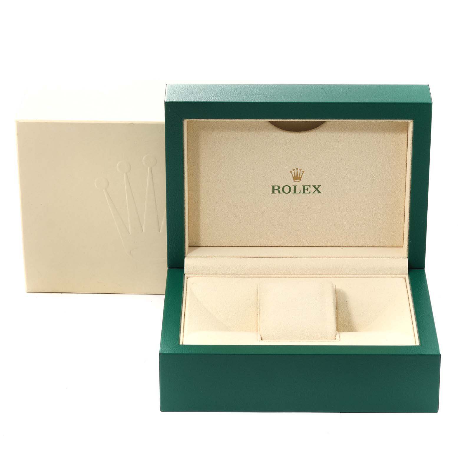 This image shows an open Rolex Datejust 116243 Men's Steel and Gold (two tone) Champagne Dial 116243 Men's Steel and Gold (two tone) Champagne Dial watch box, featuring the brand logo inside and its signature green and beige colors.