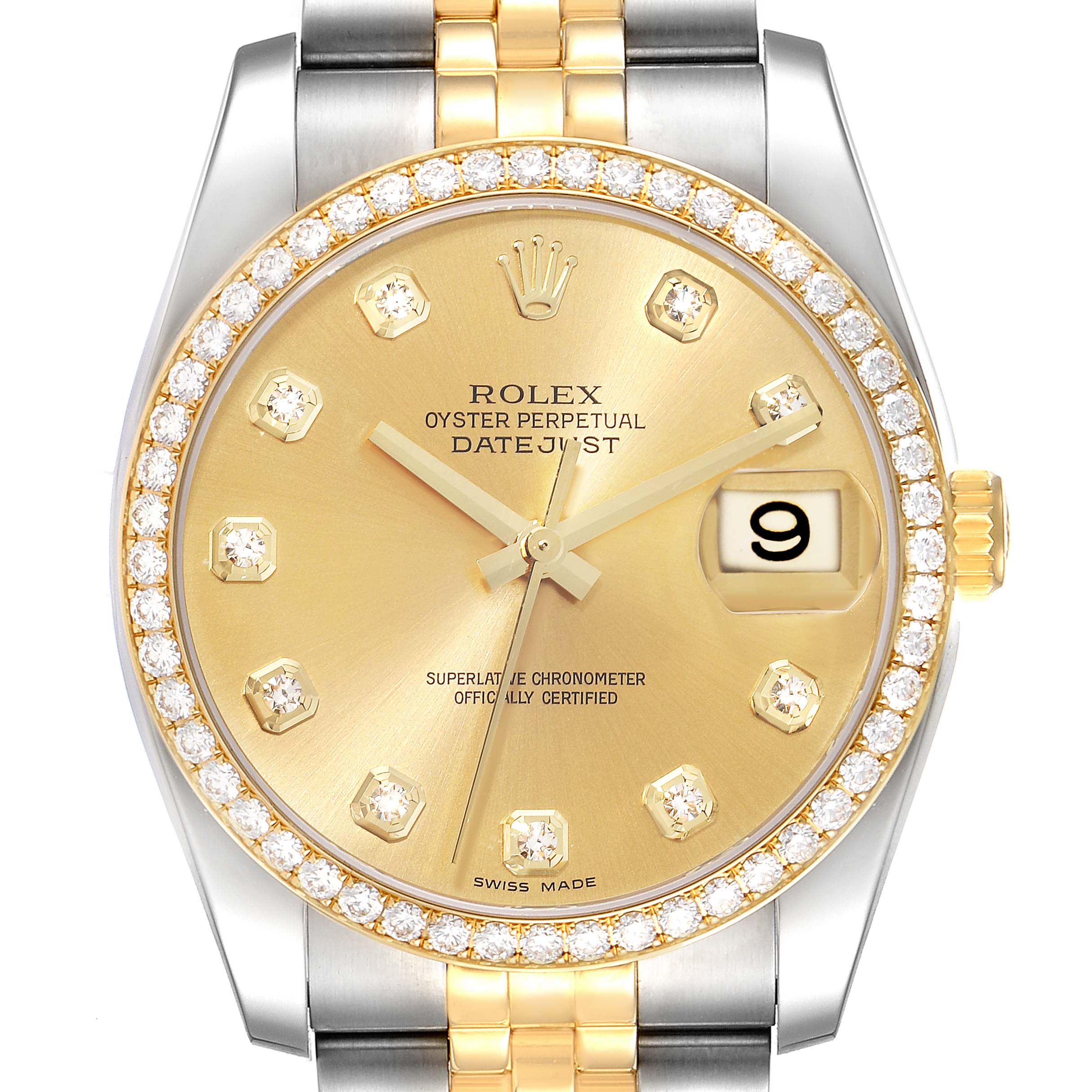 The Rolex Datejust 116243 Men's Steel and Gold (two tone) Champagne Dial 116243 Men's Steel and Gold (two tone) Champagne Dial watch is shown from a front angle, featuring a diamond bezel, gold dial, and two-tone bracelet.