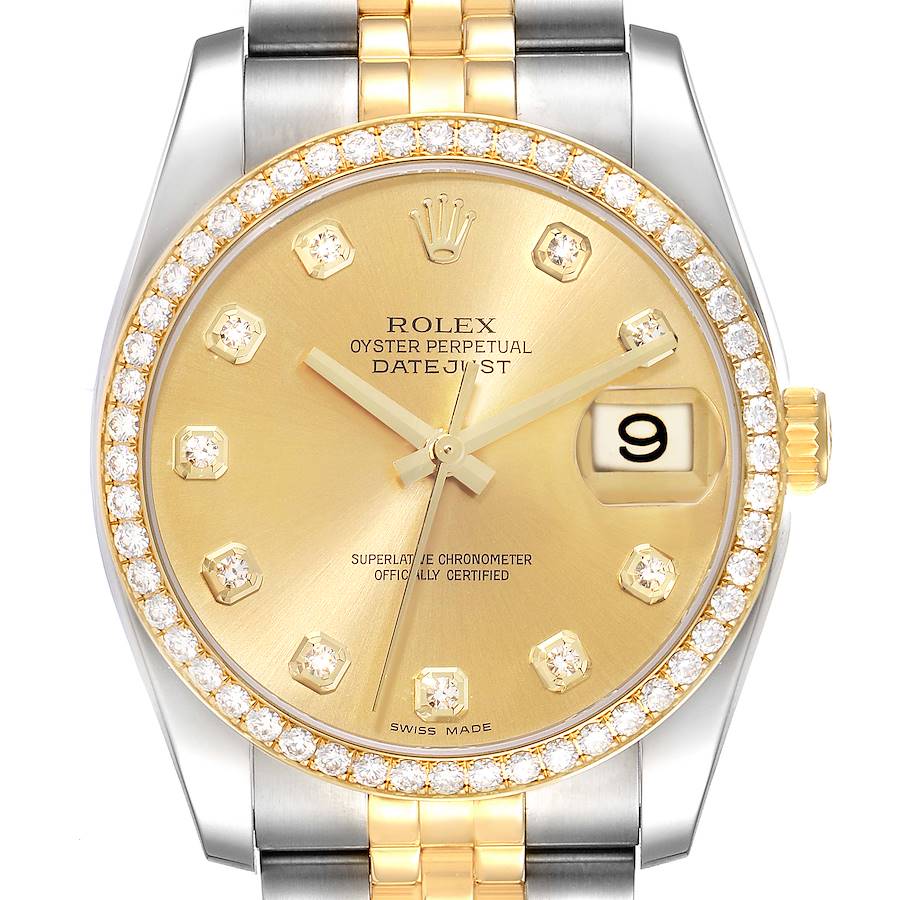 Rolex Datejust Champagne Dial Steel Yellow Gold Diamond Men's Watch 116243 SwissWatchExpo