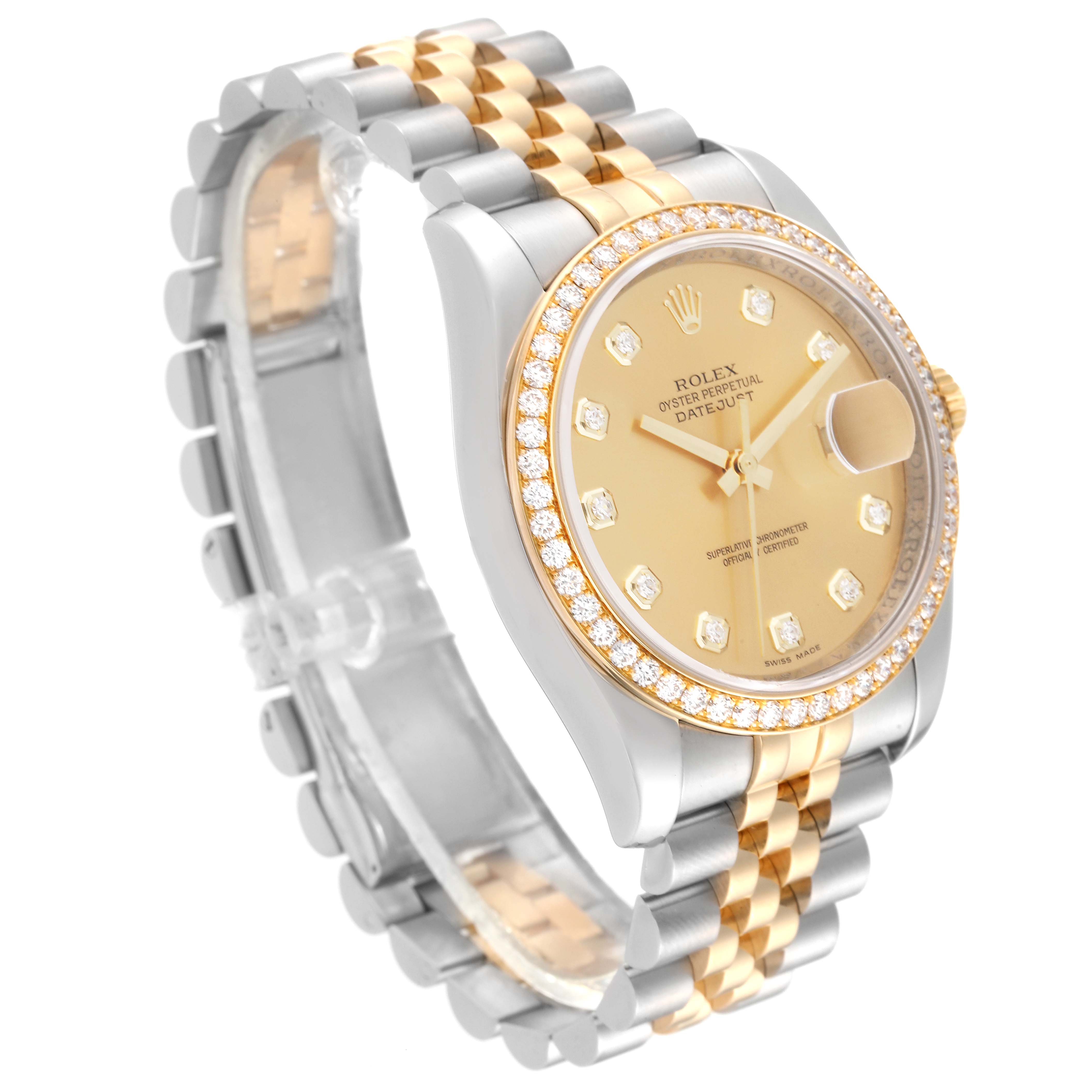 The image shows a Rolex Datejust 116243 Men's Steel and Gold (two tone) Champagne Dial 116243 Men's Steel and Gold (two tone) Champagne Dial watch at an angled side view, featuring a two-tone bracelet and a diamond-set bezel and dial.