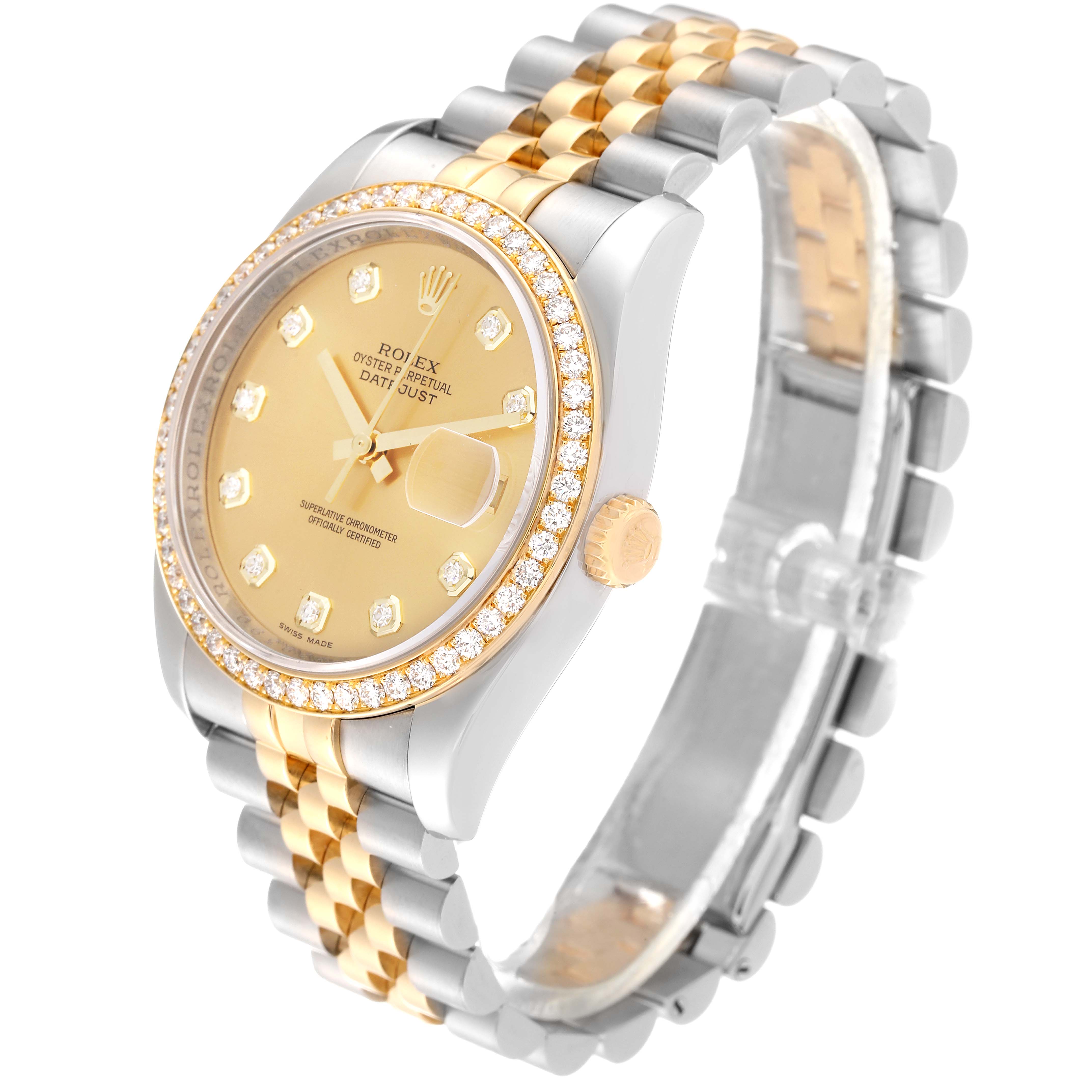 This image shows a Rolex Datejust 116243 Men's Steel and Gold (two tone) Champagne Dial 116243 Men's Steel and Gold (two tone) Champagne Dial model watch at a slight side angle, showcasing its gold and silver bracelet and diamond-accented bezel.