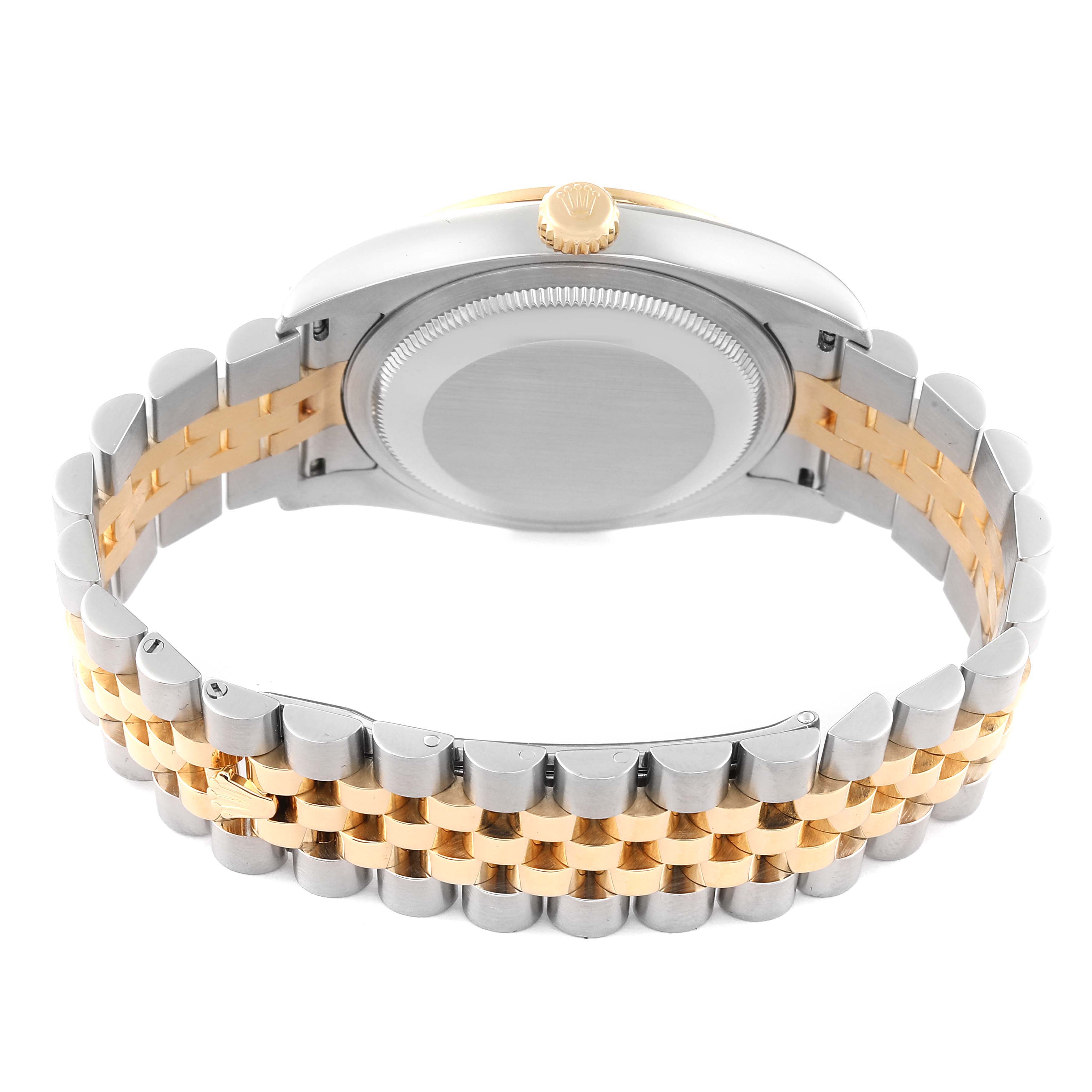 This image shows the back and bracelet of the Rolex Datejust 116243 Men's Steel and Gold (two tone) Champagne Dial 116243 Men's Steel and Gold (two tone) Champagne Dial watch, highlighting its two-tone metal design.