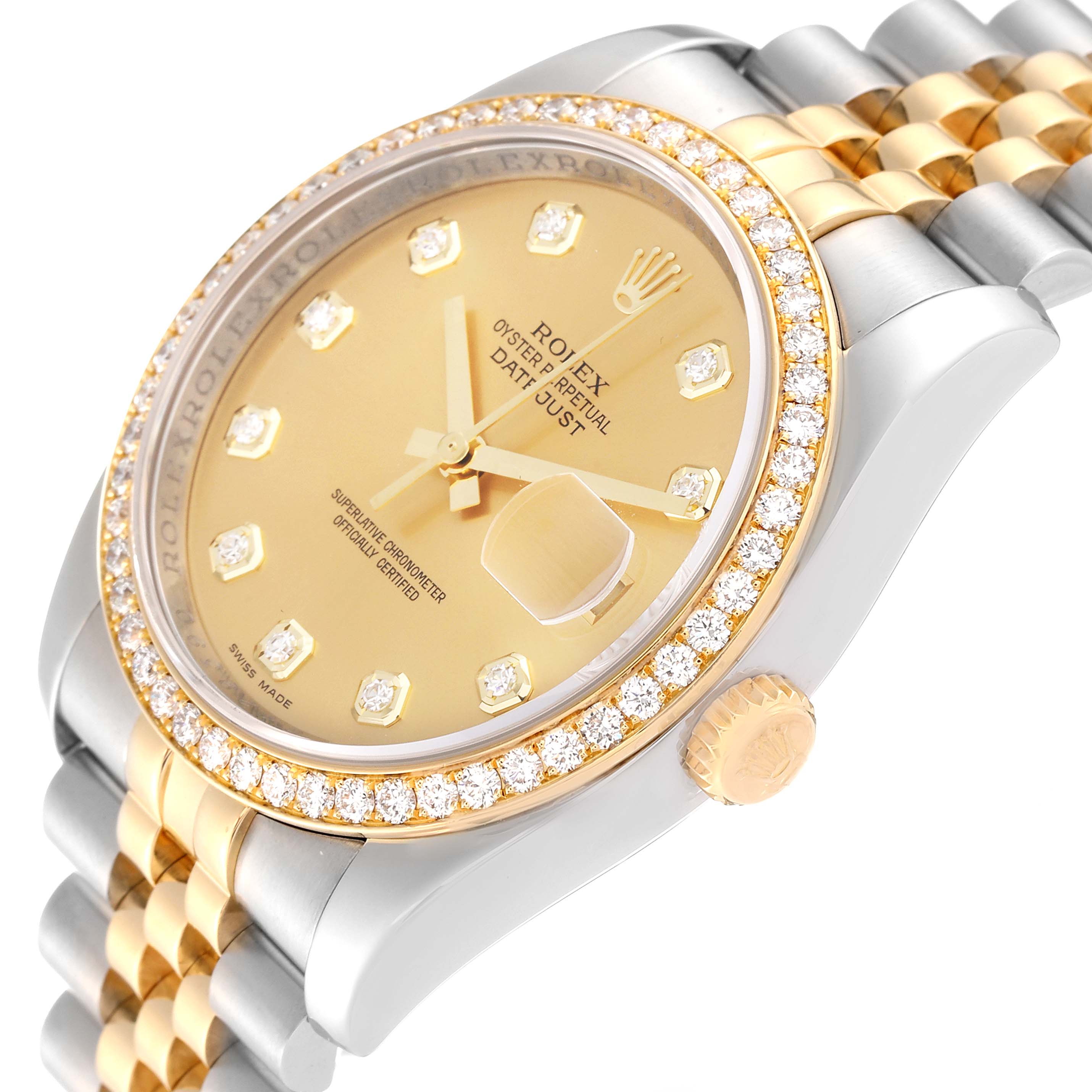 This image shows a Rolex Datejust 116243 Men's Steel and Gold (two tone) Champagne Dial 116243 Men's Steel and Gold (two tone) Champagne Dial watch angled slightly from the side, highlighting its diamond-studded gold bezel, dial, and two-tone bracelet.