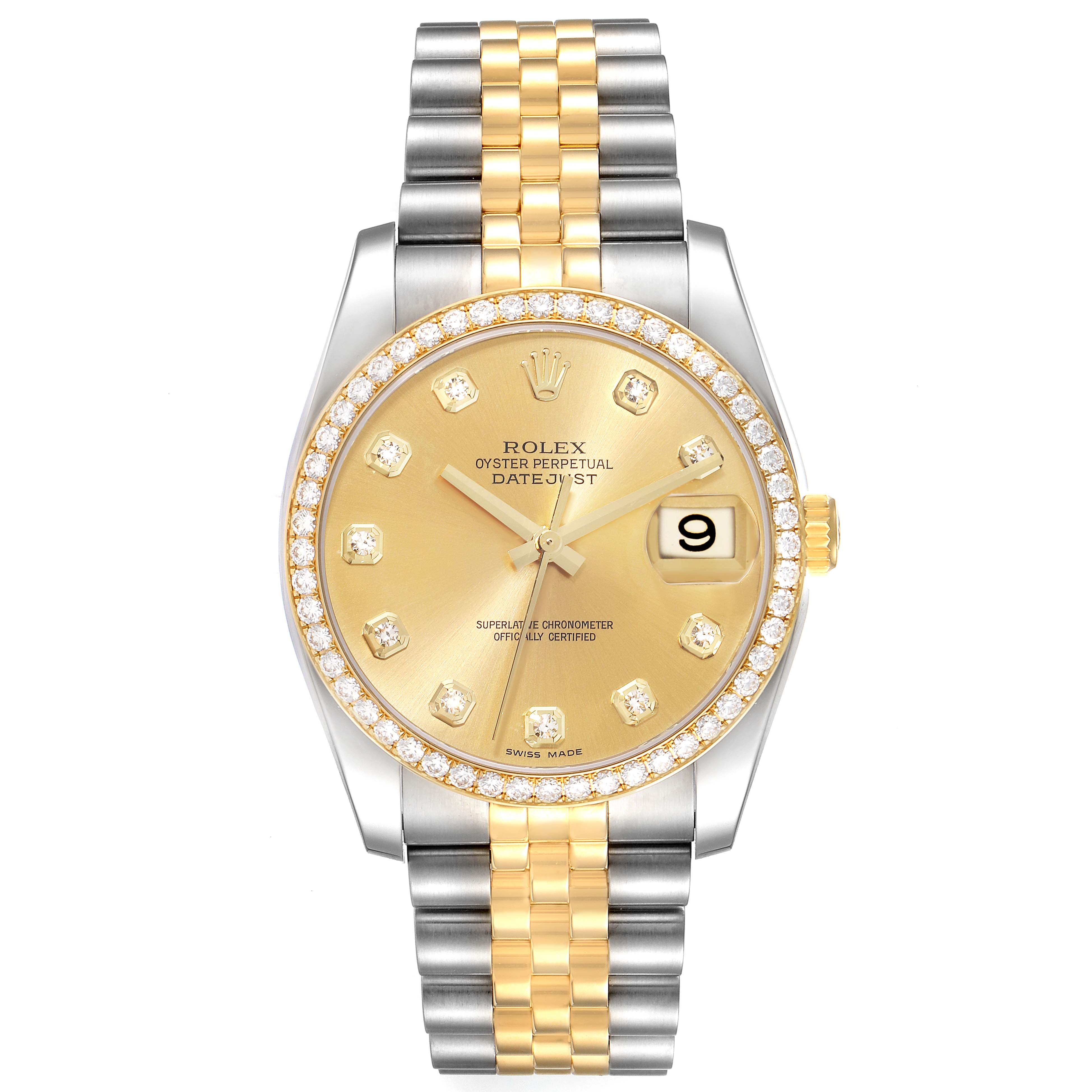 This image shows a frontal view of a Rolex Datejust 116243 Men's Steel and Gold (two tone) Champagne Dial 116243 Men's Steel and Gold (two tone) Champagne Dial watch, highlighting its face, bezel, and two-tone bracelet.