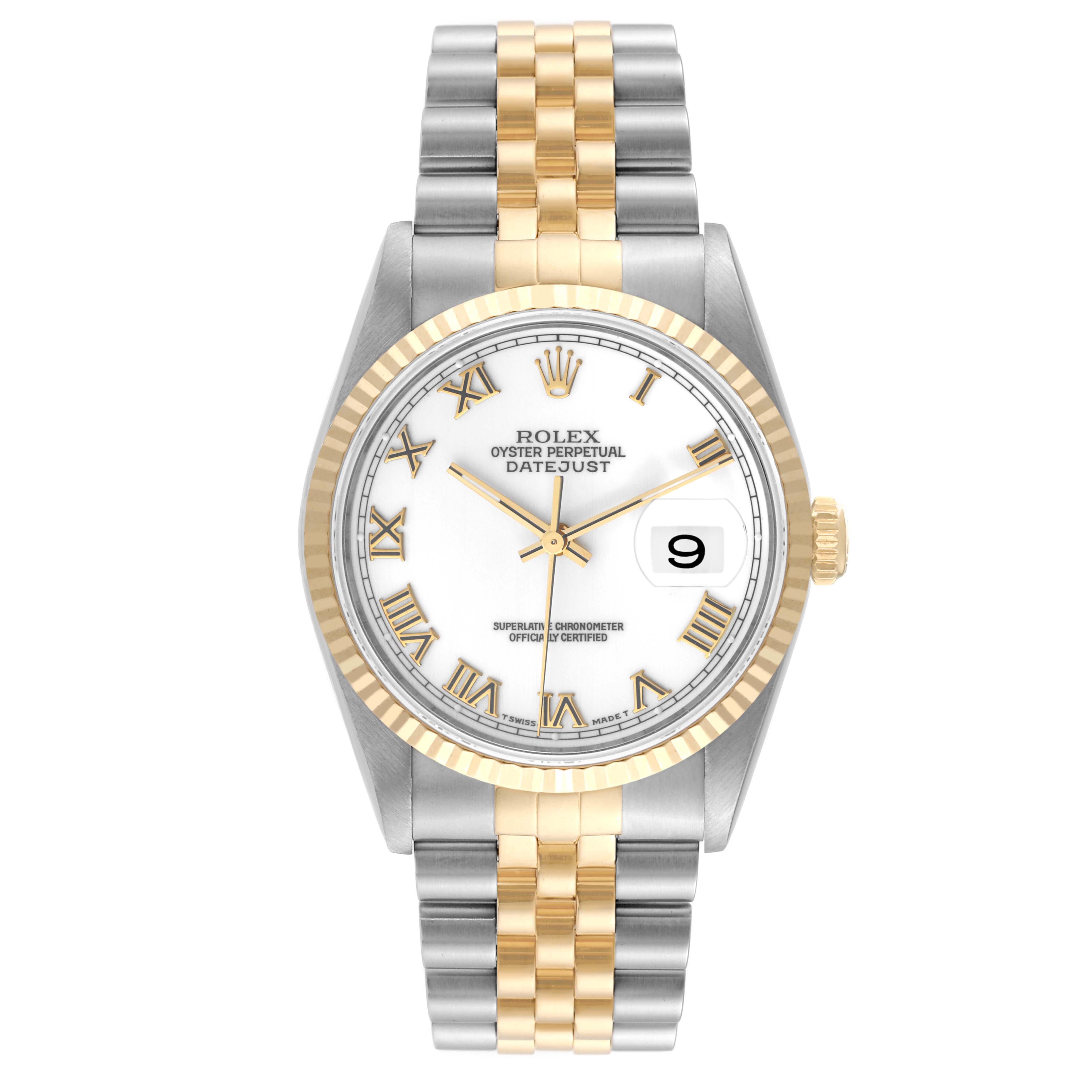 The Rolex Datejust 16233 Men
s Steel and Gold (two tone) White Dial 16233 Men
s Steel and Gold (two tone) White Dial watch is shown from a front angle, displaying its face, bezel, crown, and bracelet.