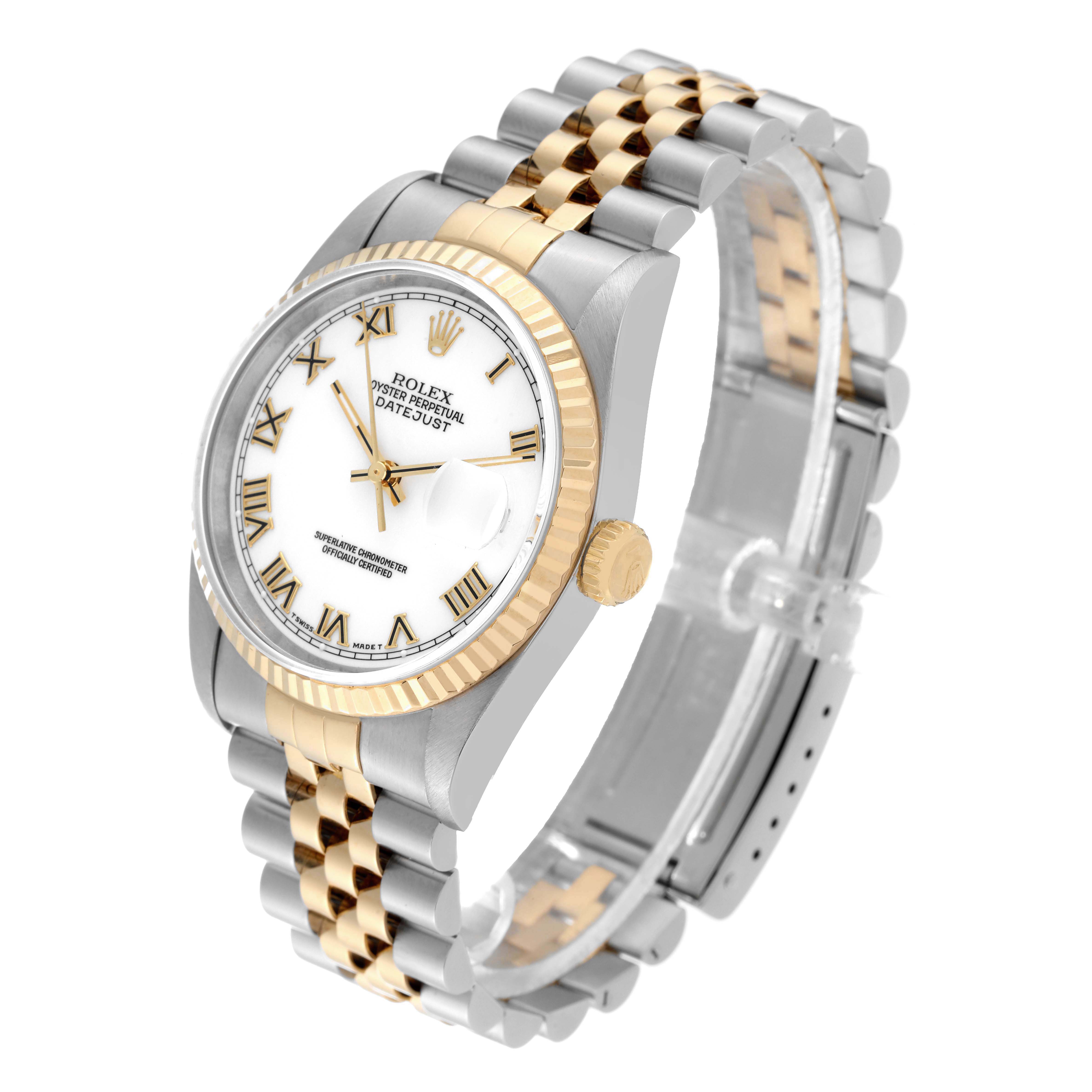 The Rolex Datejust 16233 Men
s Steel and Gold (two tone) White Dial 16233 Men
s Steel and Gold (two tone) White Dial watch is shown at a three-quarter angle, displaying the face, bezel, crown, and bracelet.
