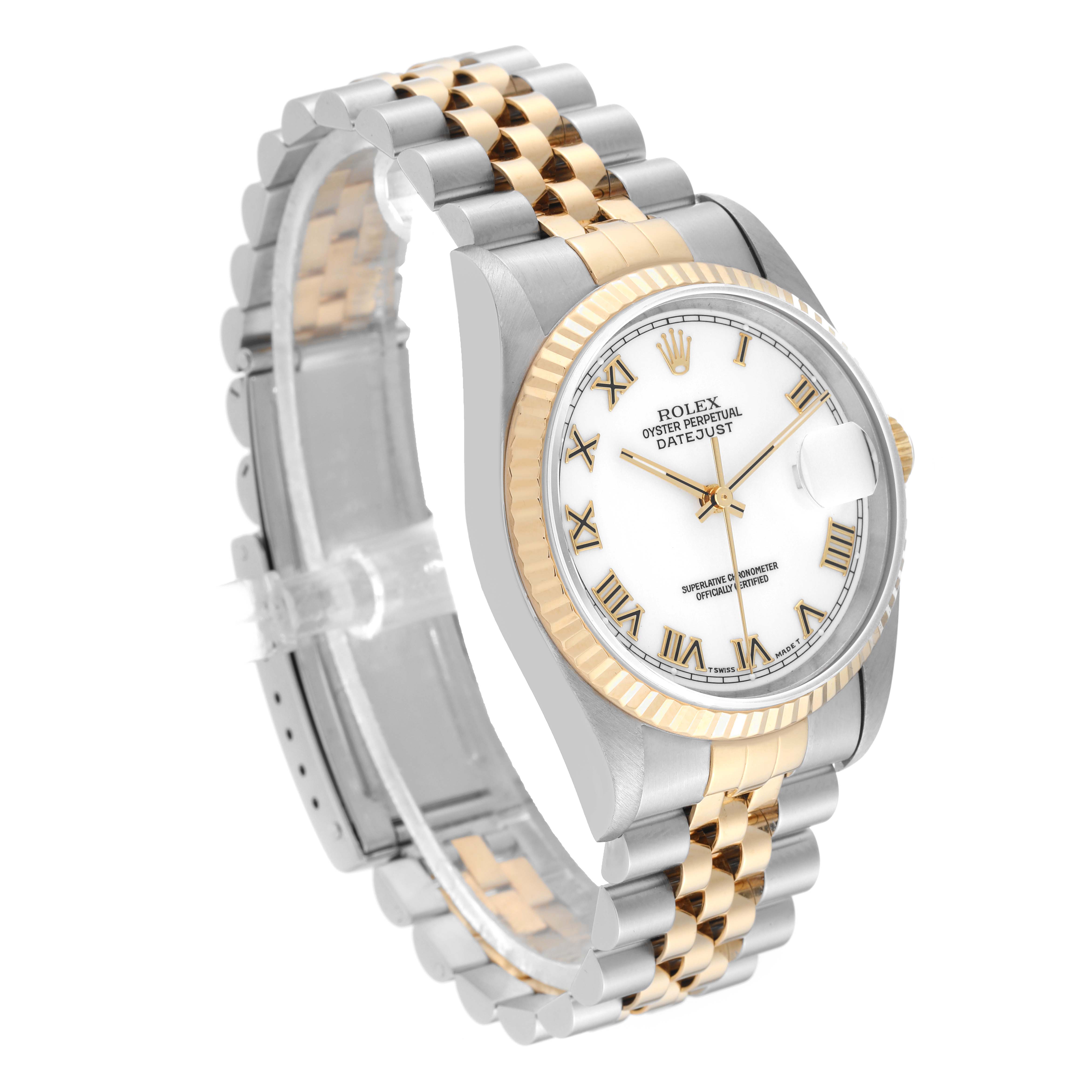 The Rolex Datejust 16233 Men
s Steel and Gold (two tone) White Dial 16233 Men
s Steel and Gold (two tone) White Dial watch is shown at a three-quarter angle, highlighting its two-tone bracelet, white dial, and fluted bezel.