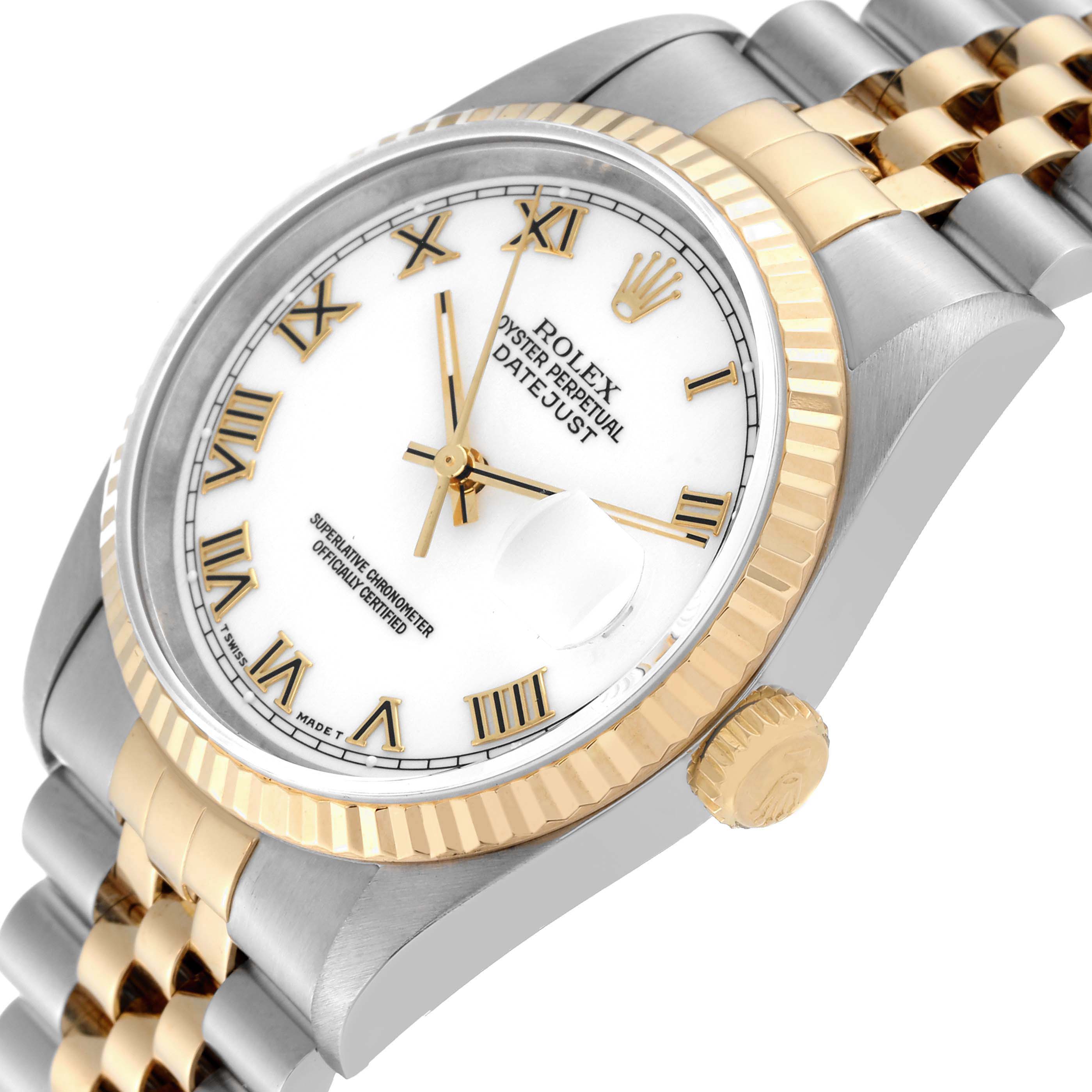 This image shows a Rolex Datejust 16233 Men
s Steel and Gold (two tone) White Dial 16233 Men
s Steel and Gold (two tone) White Dial watch angled to display its face, bezel, crown, and part of the bracelet.