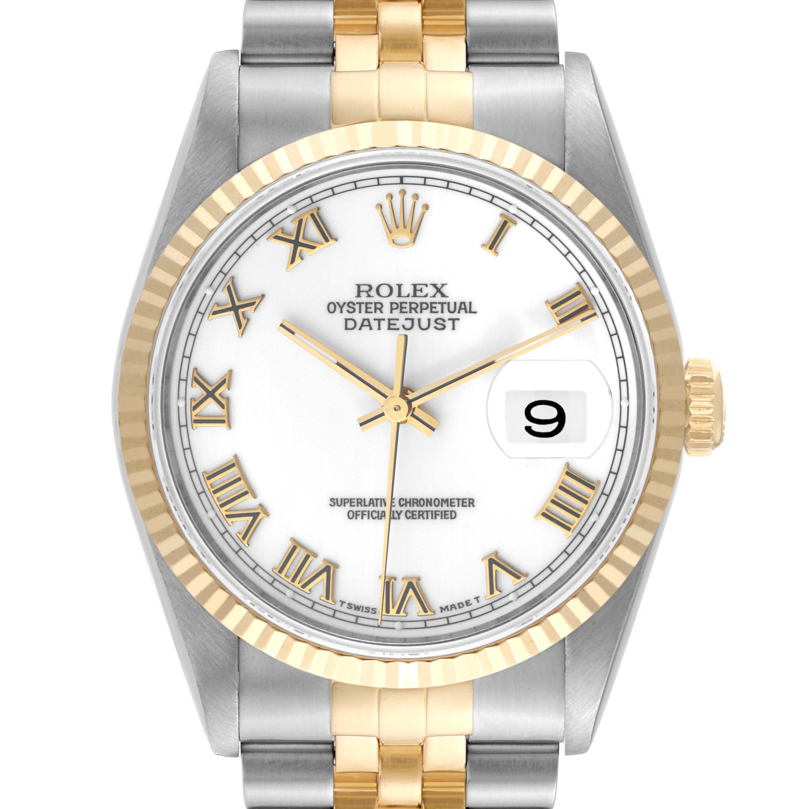 The image shows a Rolex Datejust 16233 Men
s Steel and Gold (two tone) White Dial 16233 Men
s Steel and Gold (two tone) White Dial watch front-facing, highlighting its dial, bezel, hands, and part of the bracelet.