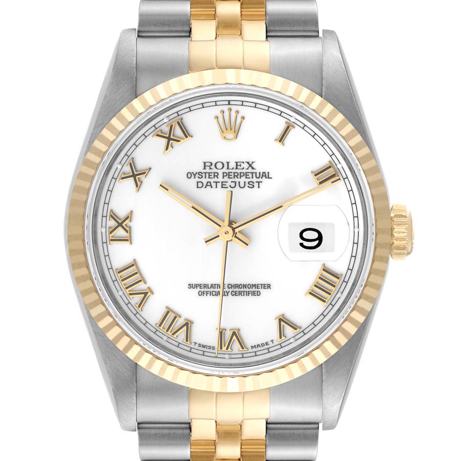 Rolex Datejust White Roman Dial Steel Yellow Gold Mens Watch 16233 SwissWatchExpo