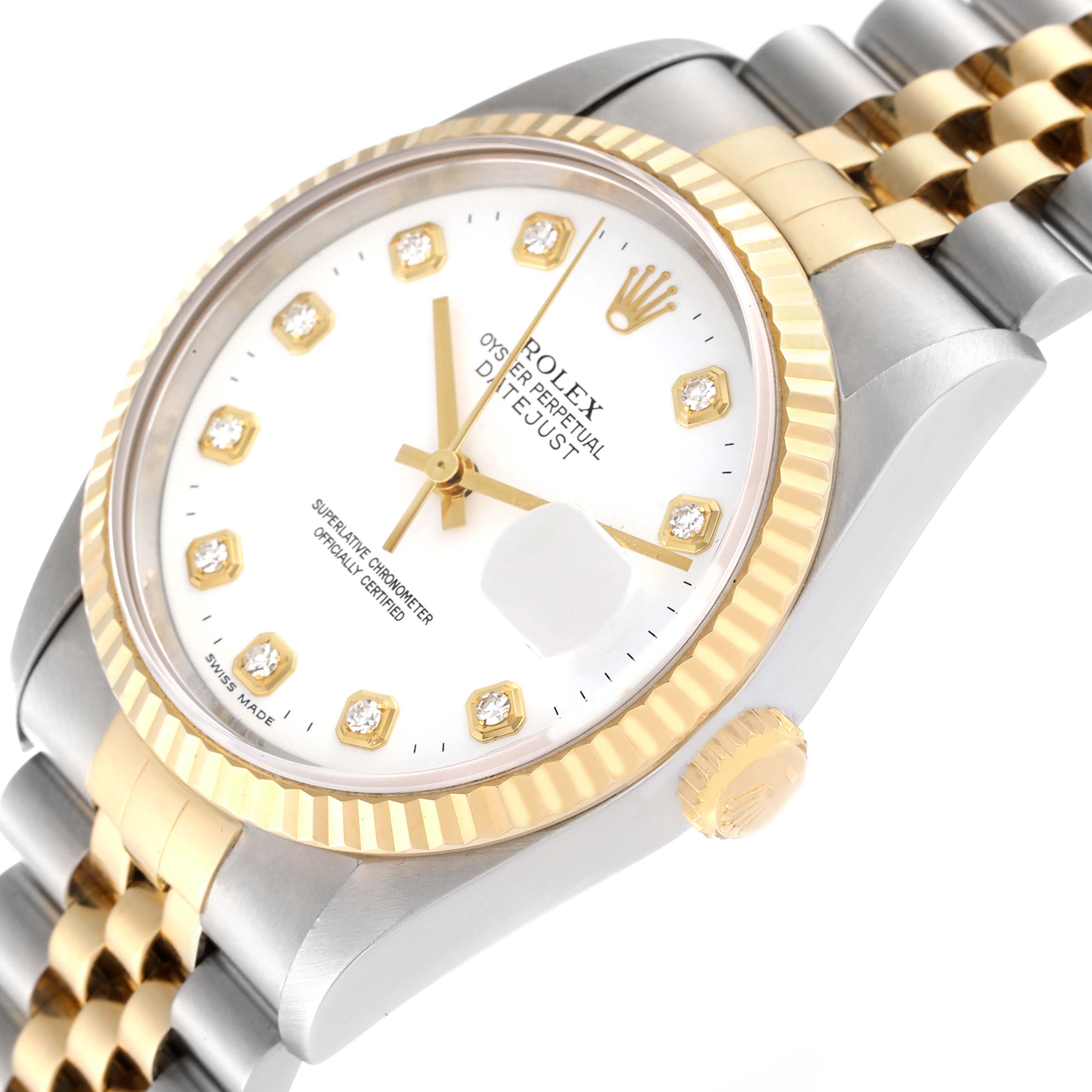 The image shows an angled view of the Rolex Datejust 16233 Men's Steel and Gold (two tone) White Dial 16233 Men's Steel and Gold (two tone) White Dial watch displaying its dial, case, bezel, and part of the bracelet.
