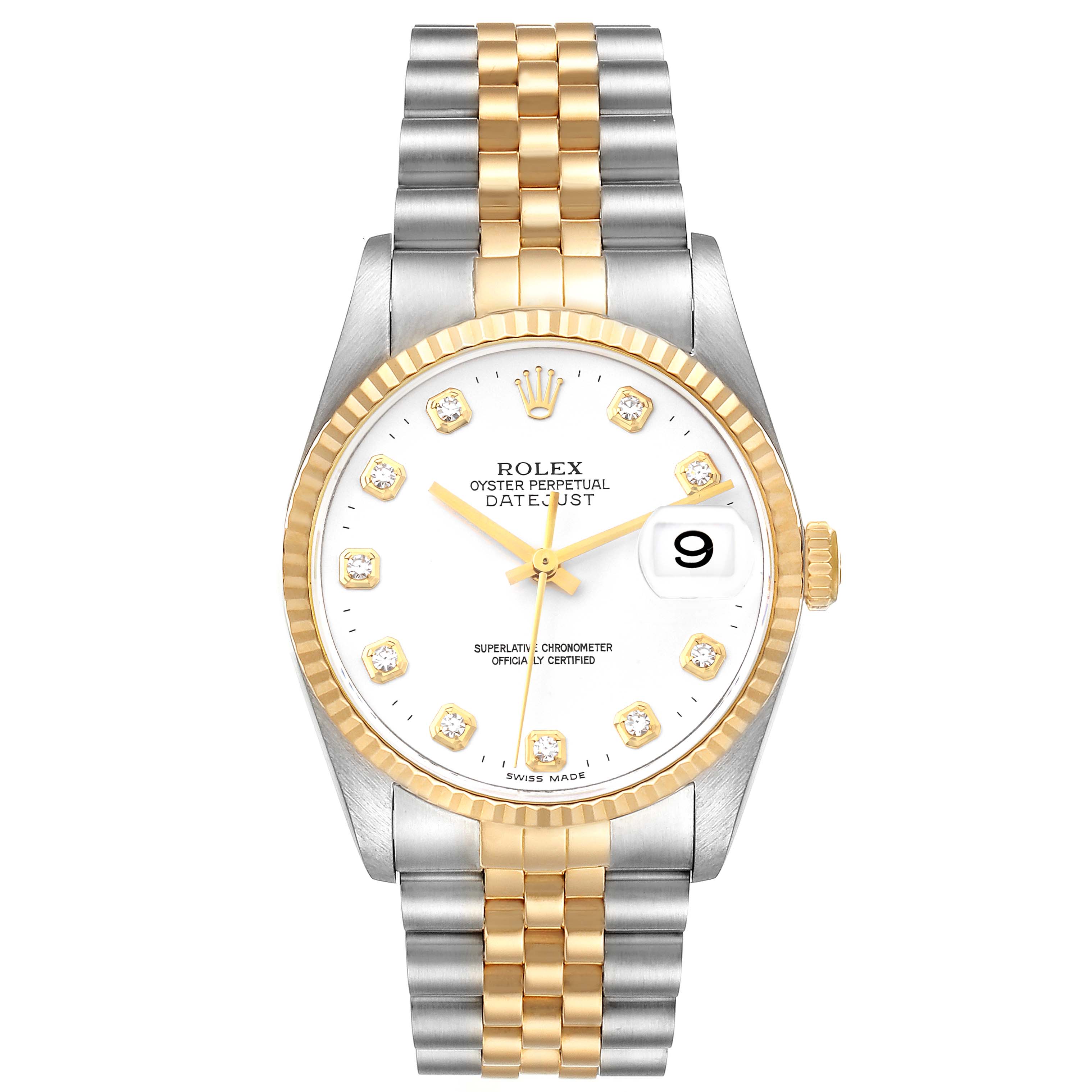 The image shows a front view of the Rolex Datejust 16233 Men's Steel and Gold (two tone) White Dial 16233 Men's Steel and Gold (two tone) White Dial watch, featuring a gold and silver two-tone bracelet and a white dial with diamond hour markers.