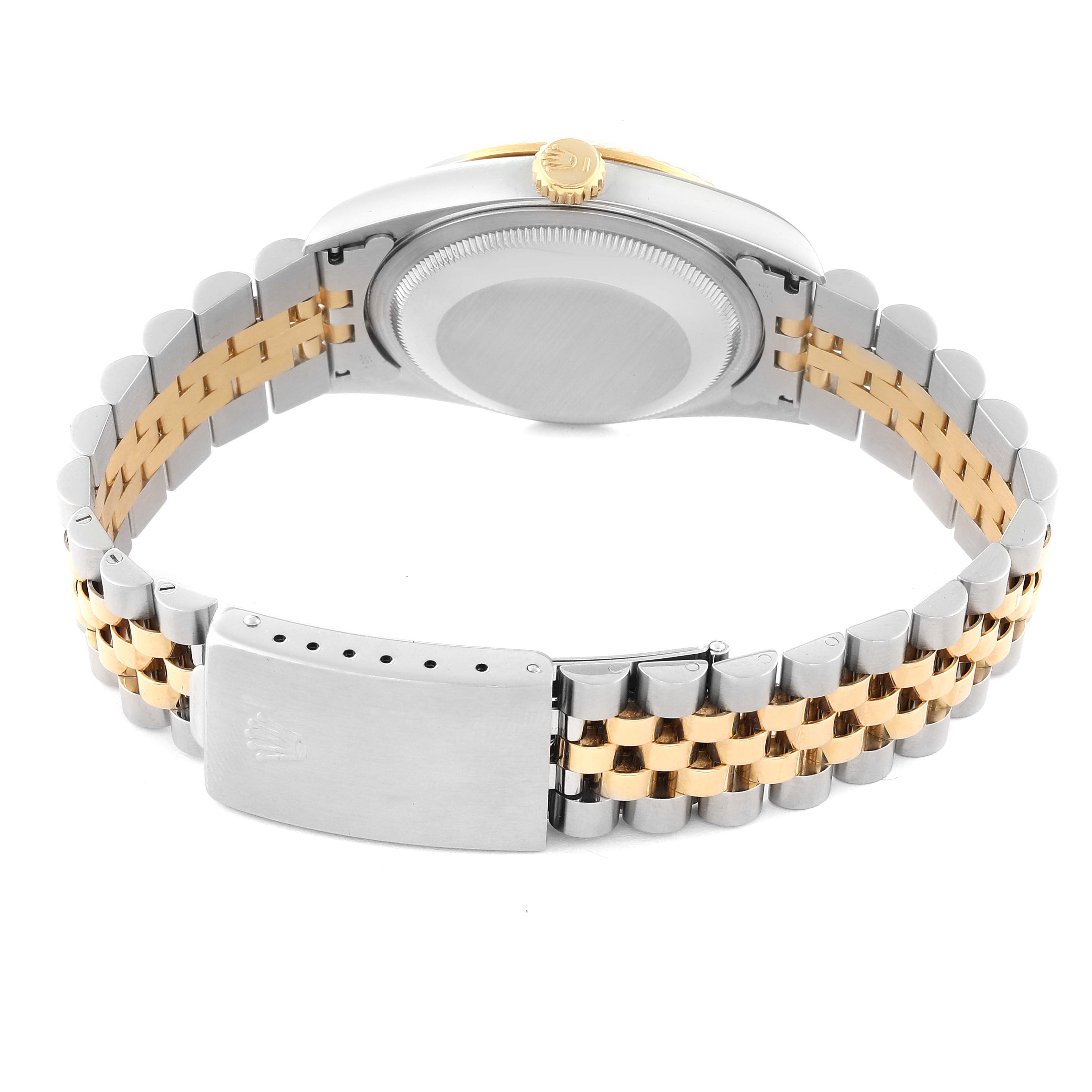 This image shows the back casing and the Jubilee bracelet of a Rolex Datejust 16233 Men's Steel and Gold (two tone) White Dial 16233 Men's Steel and Gold (two tone) White Dial watch from a rear angle.