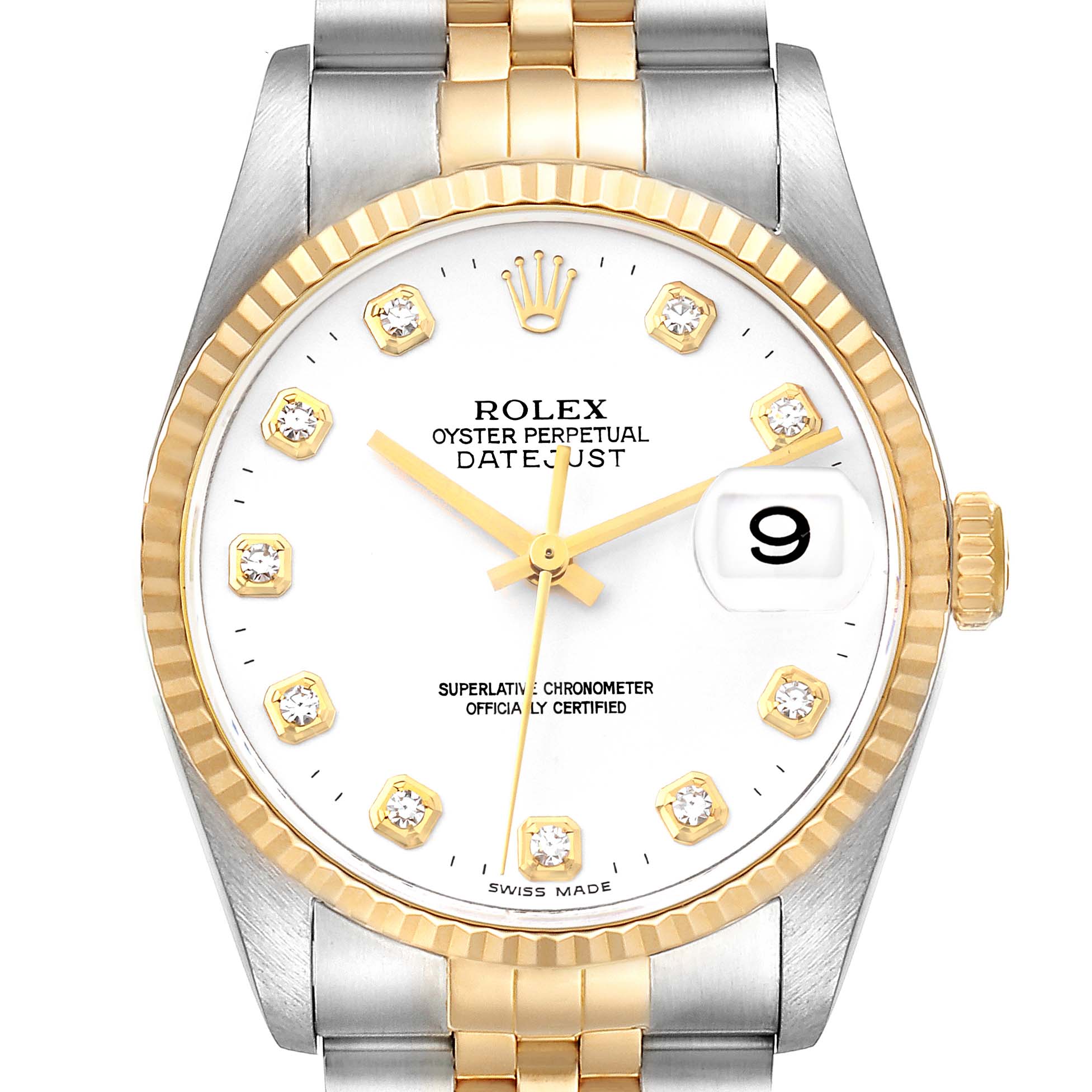The image shows a front view of a Rolex Datejust 16233 Men's Steel and Gold (two tone) White Dial 16233 Men's Steel and Gold (two tone) White Dial watch displaying the dial, hands, bezel, and part of the bracelet.
